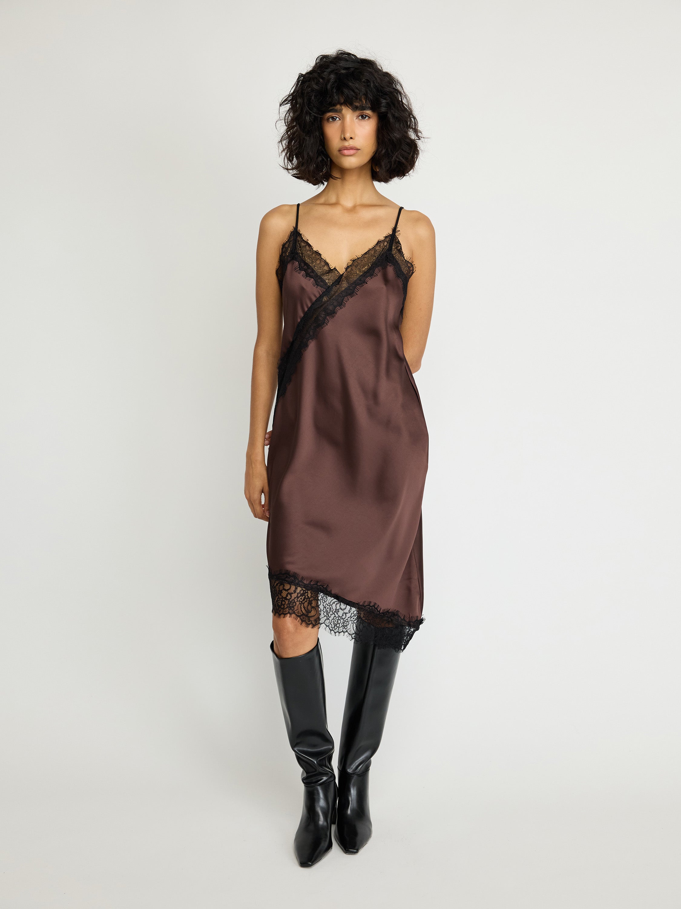Satin Lace-Trim Slip Dress
