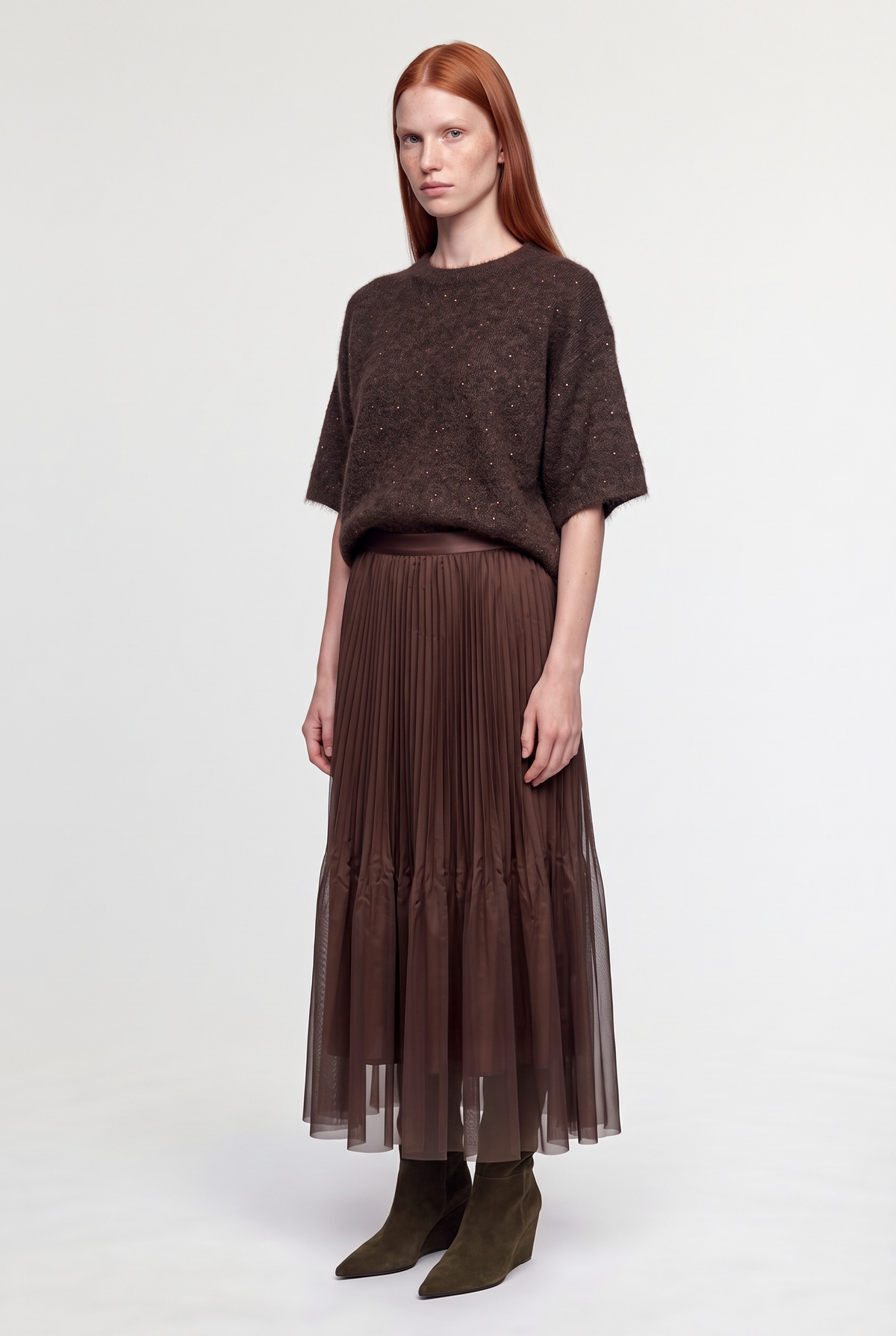 Pleated maxi skirt - Brown - front view
