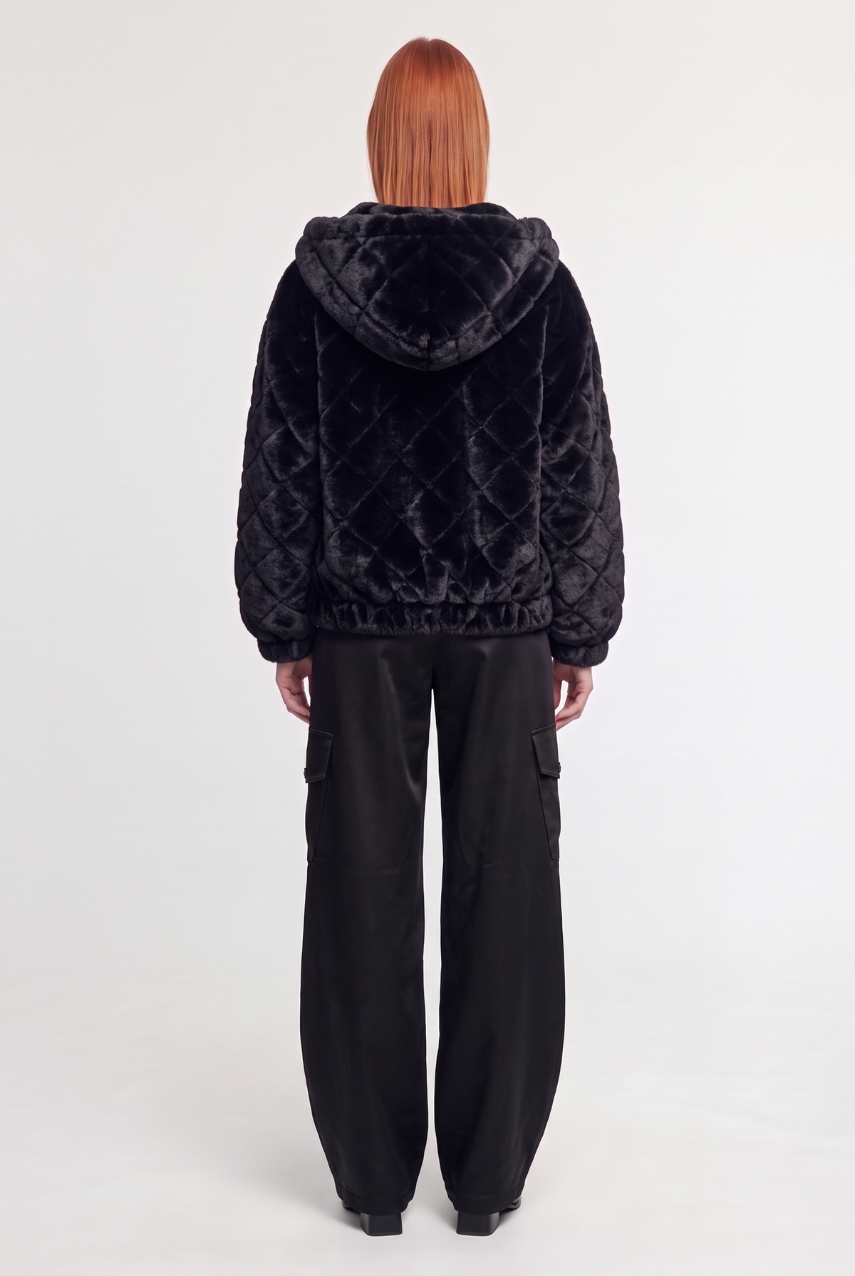 Quilted Faux-Fur Hooded Bomber - Black - on model, back