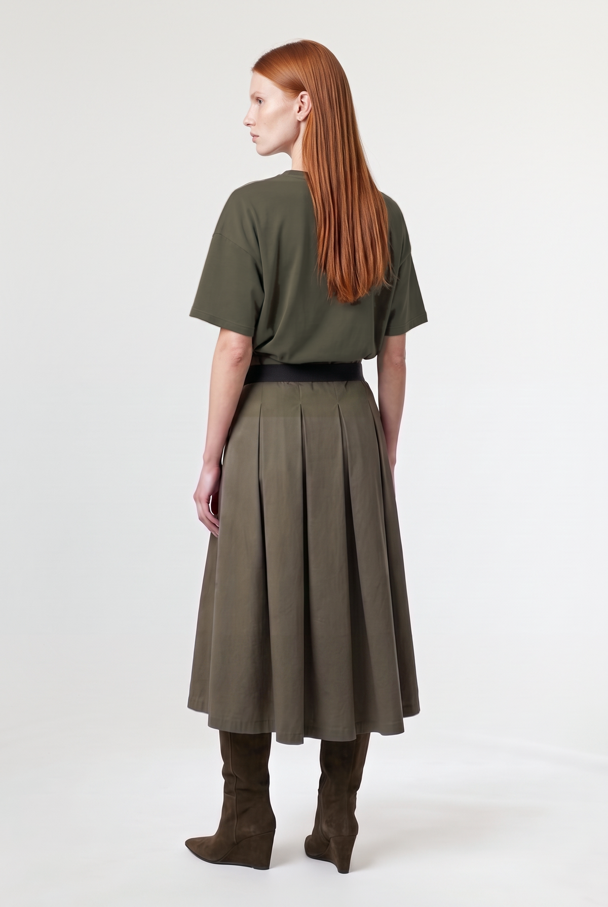Olive pleated midi skirt - Military - styled look, back view