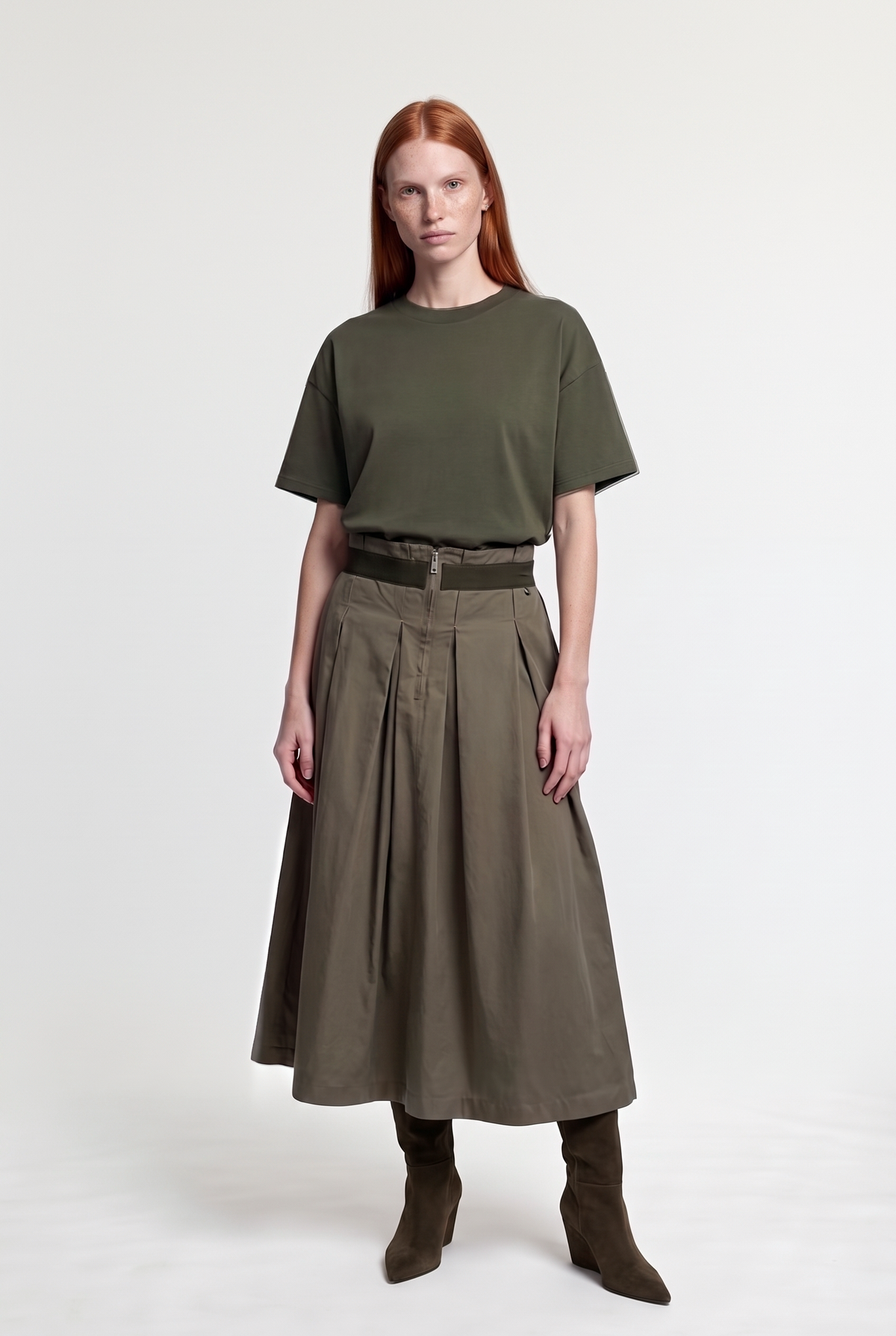 Olive pleated midi skirt - Military - styled look, front view