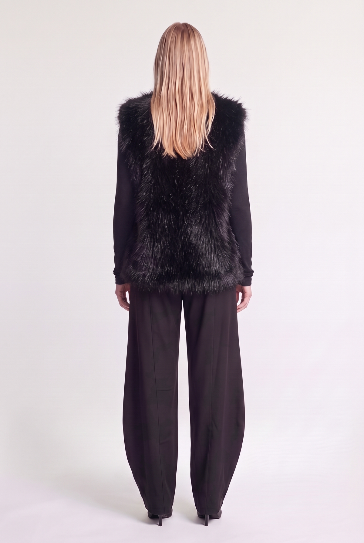 Shaggy Faux-Fur Vest - Black - on model, back