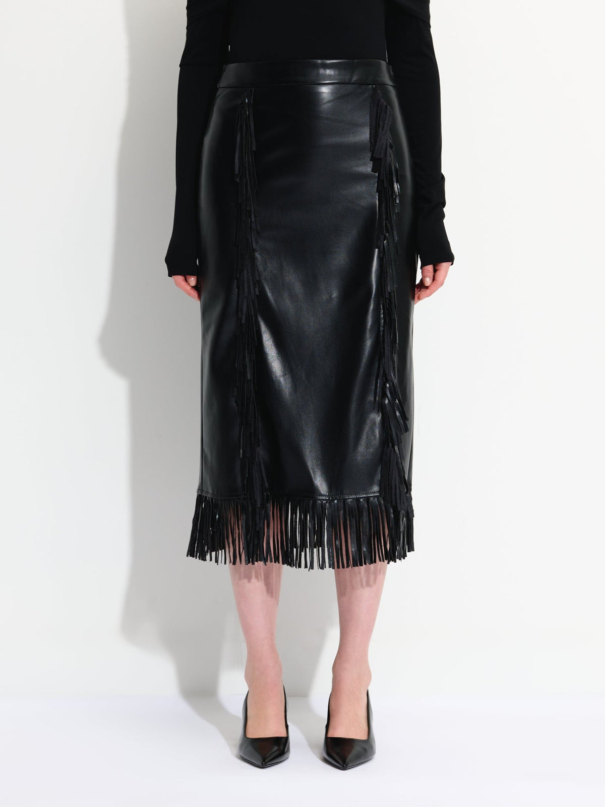 Vegan Leather Fringed Skirt