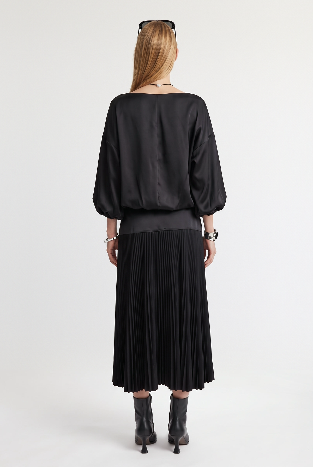 Pleated Midi Skirt - Black - styled look, back view