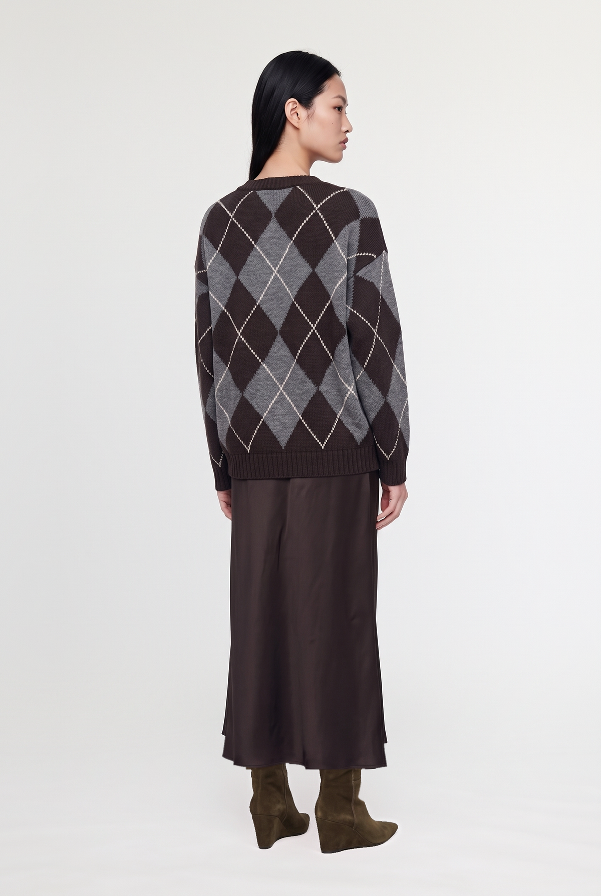 Satin wrap skirt - Dark Brown - styled look, back view