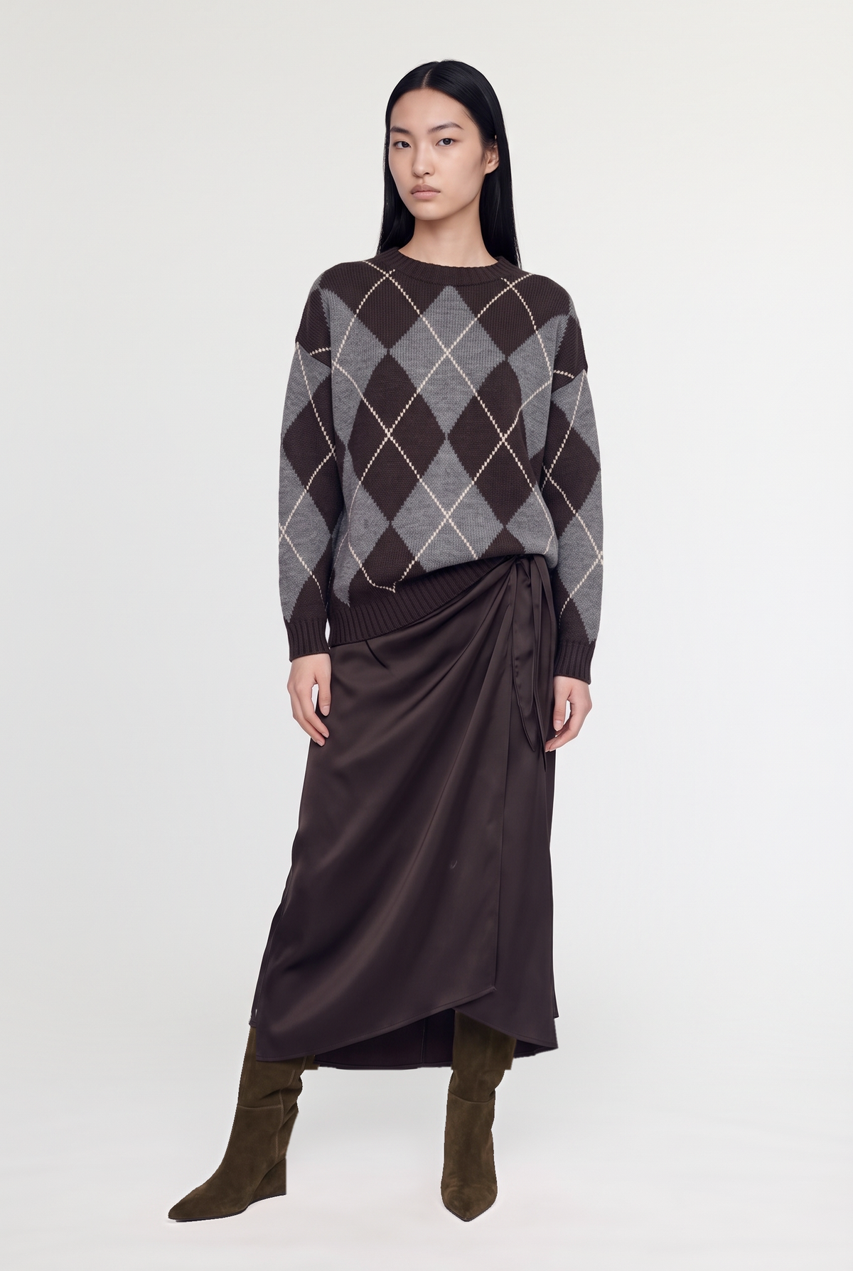 Satin wrap skirt - Dark Brown - styled look, front view