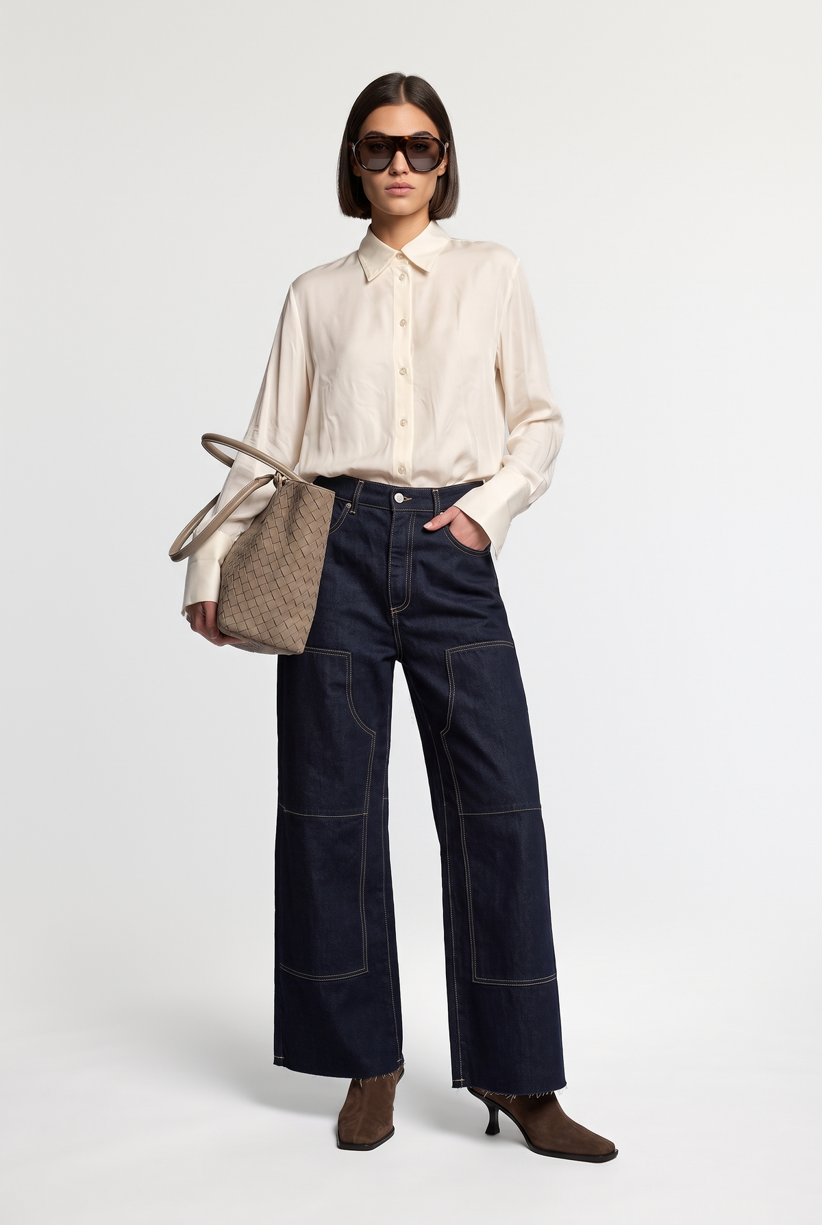 Panelled Wide-Leg Jeans - Blue - styled look, front view