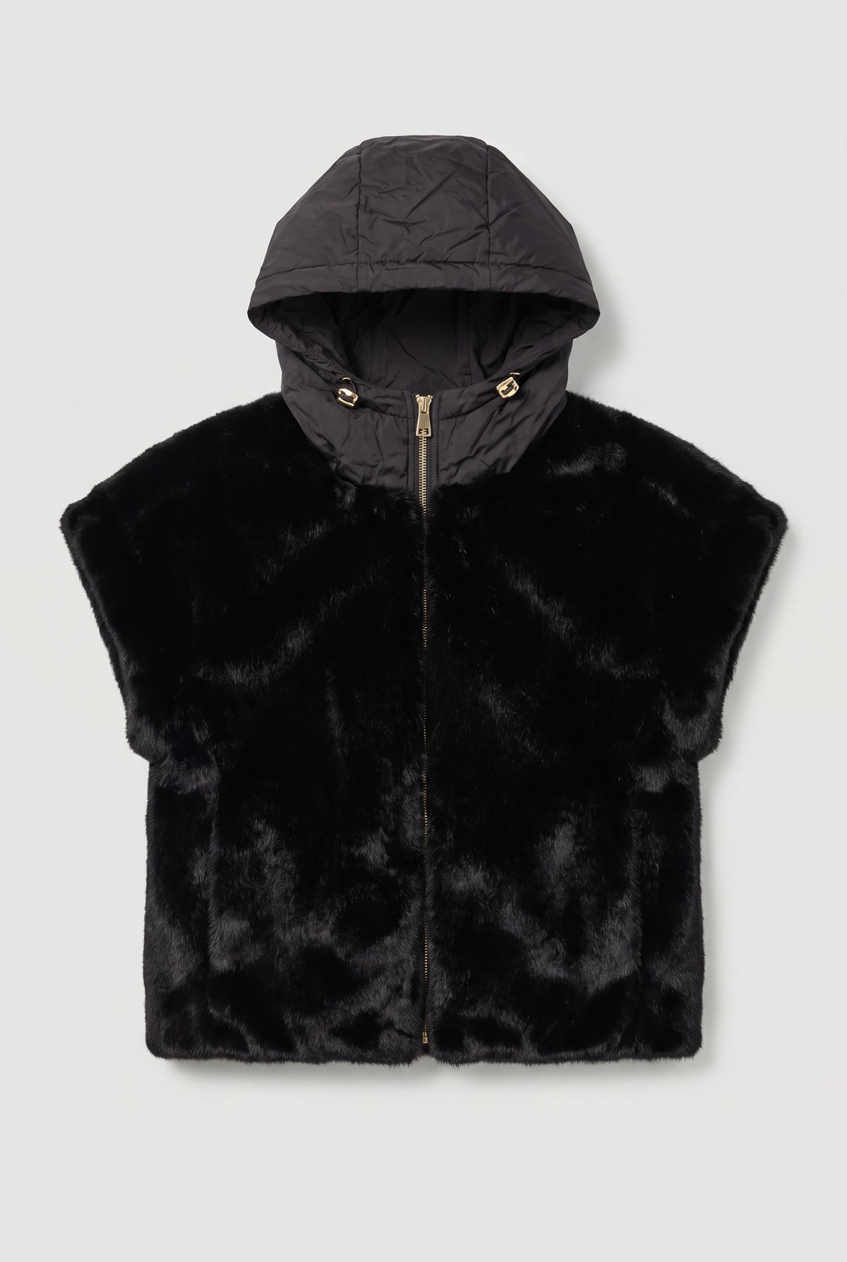 Faux-Fur Vest with Nylon Hood - Black - flat lay