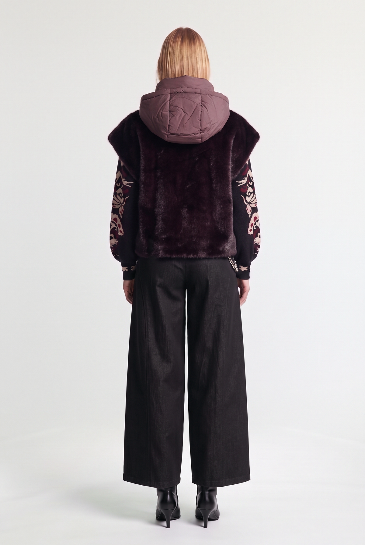 Faux-Fur Vest with Nylon Hood - Wine - on model, back
