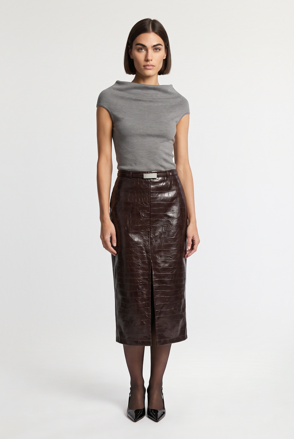 Croc midi pencil skirt - Brown - styled look, front view