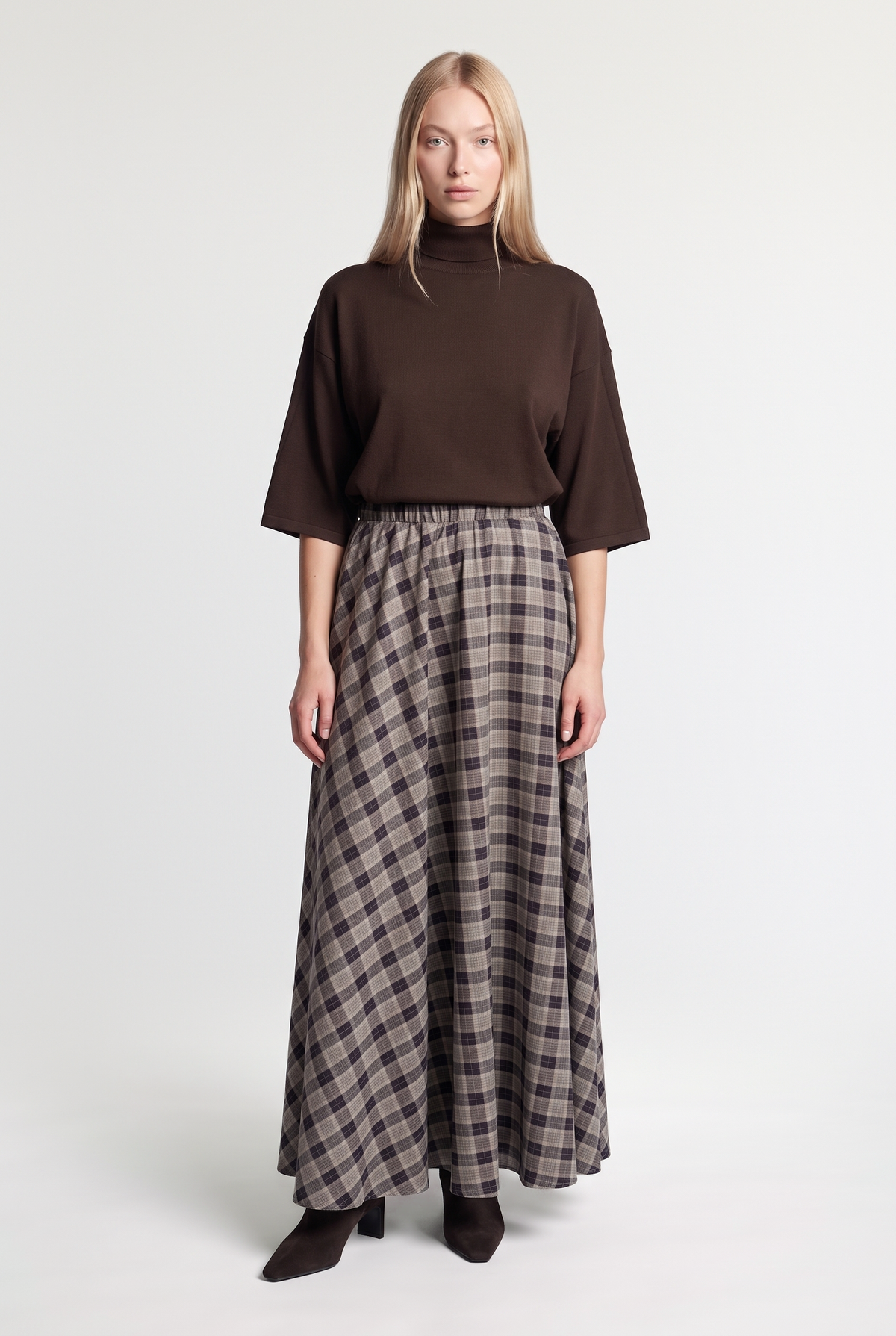Plaid Full Midi Skirt - Brown/Beige - front view
