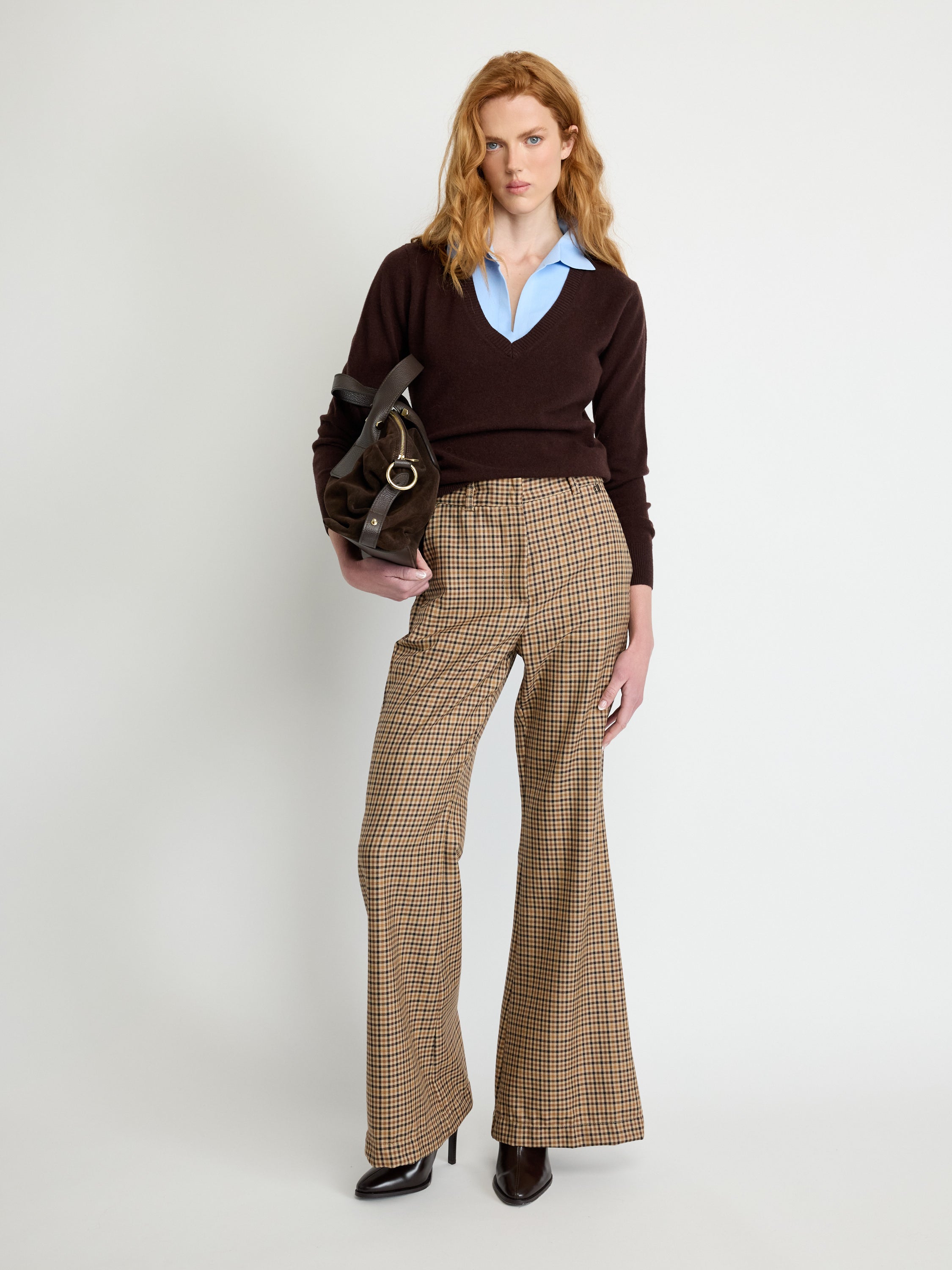 Checked Wool Flare Trousers
