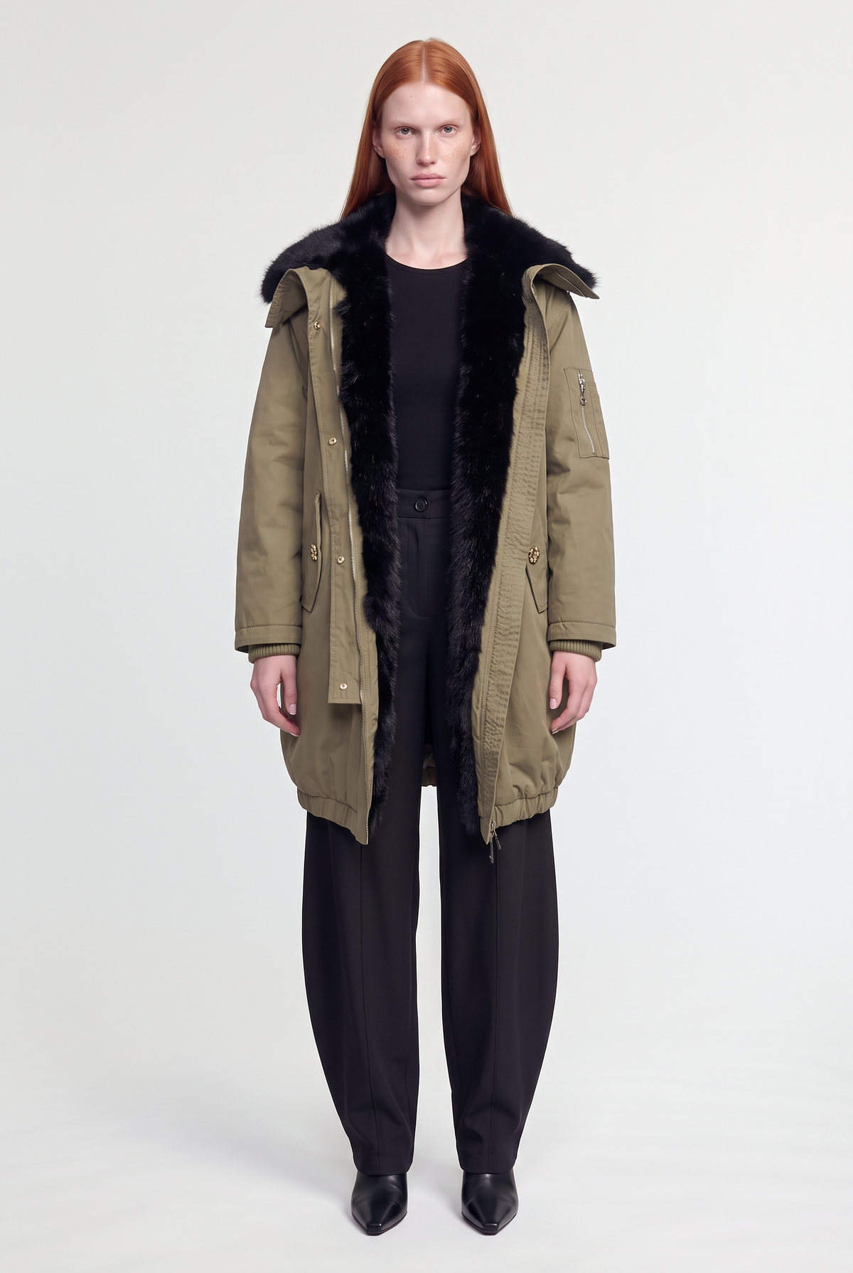 Black Faux-Fur Trim Olive Parka - Black - front view
