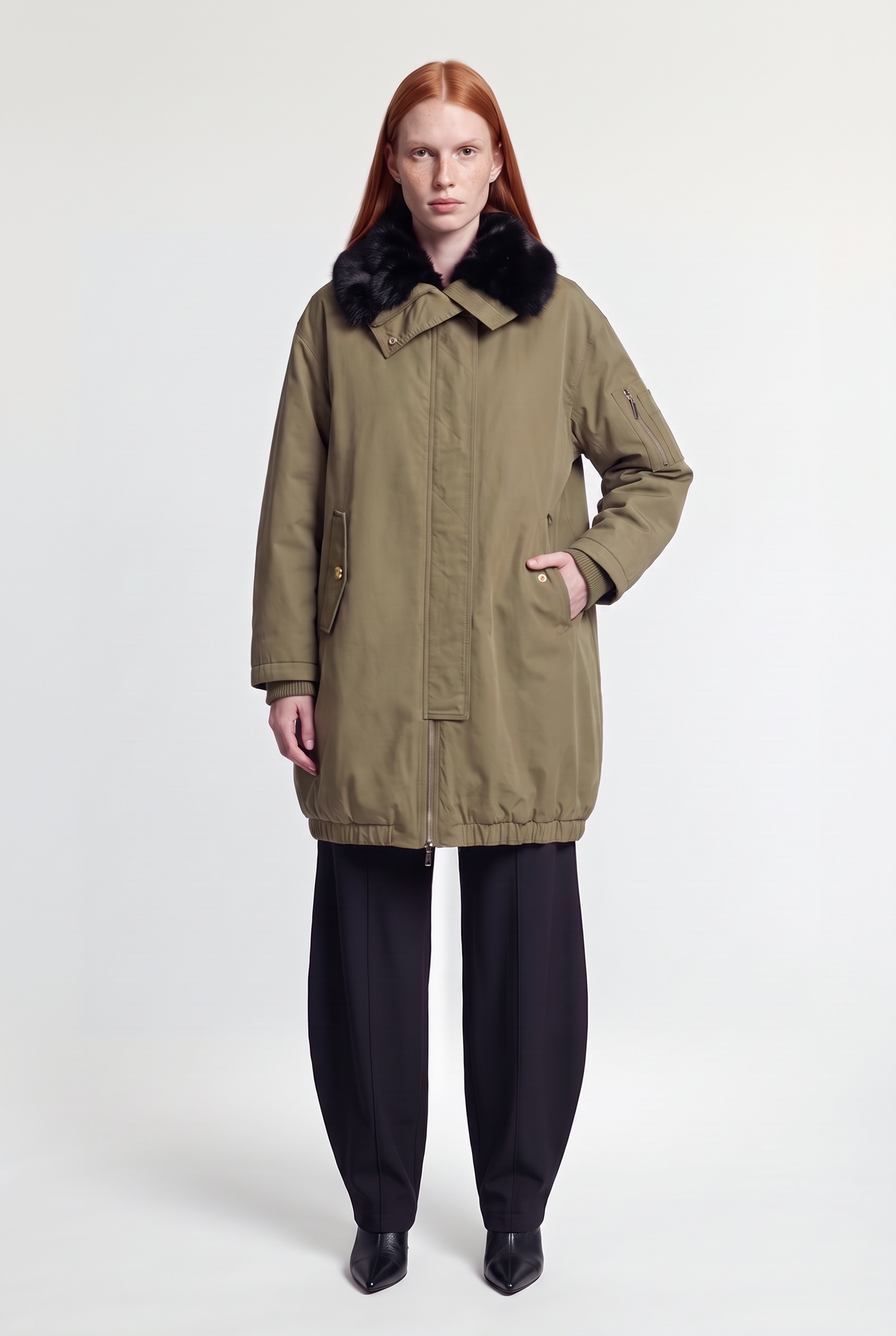 Black Faux-Fur Trim Olive Parka - Black - front view, closed