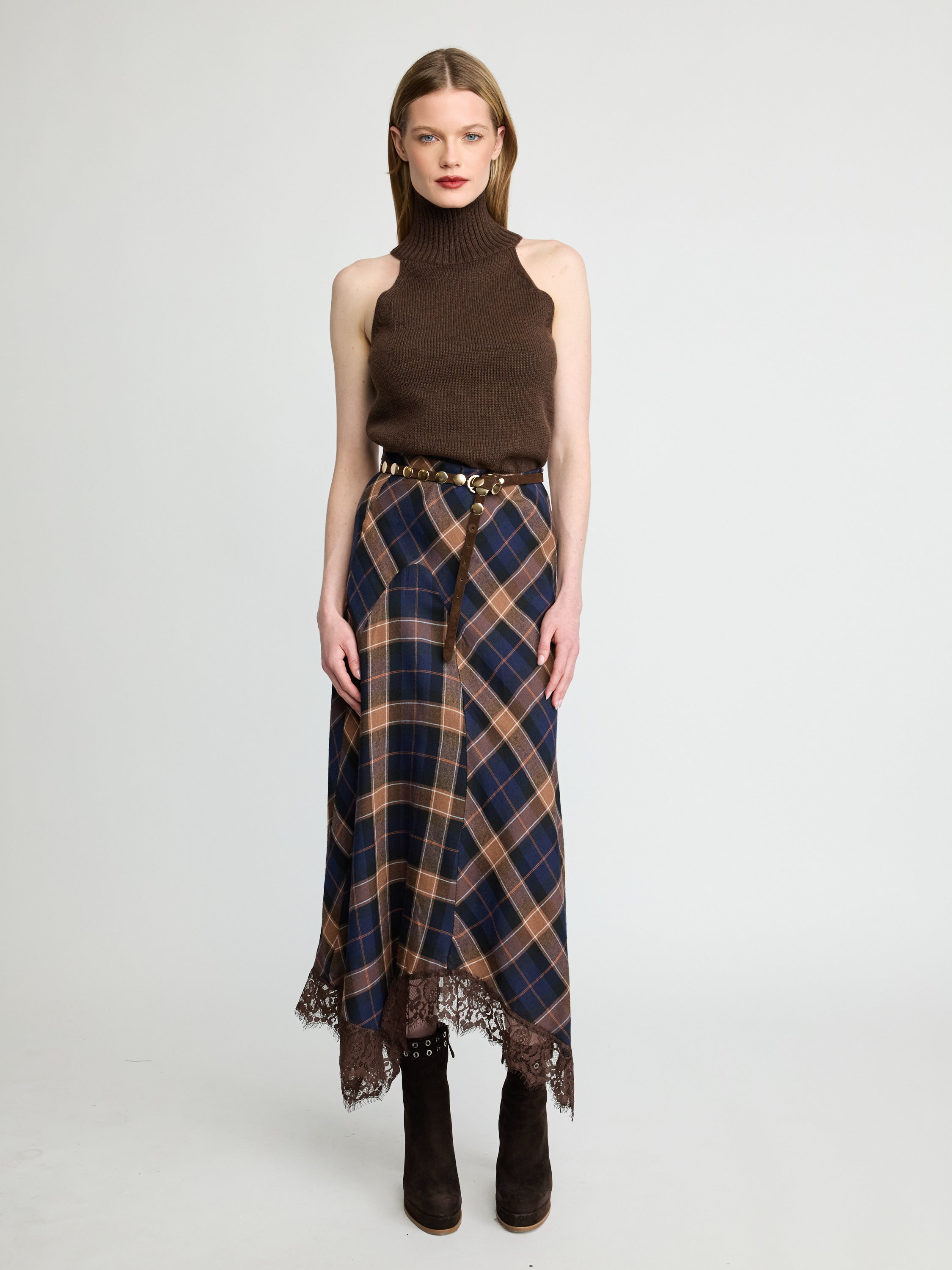 Plaid Lace Hem Midi Skirt