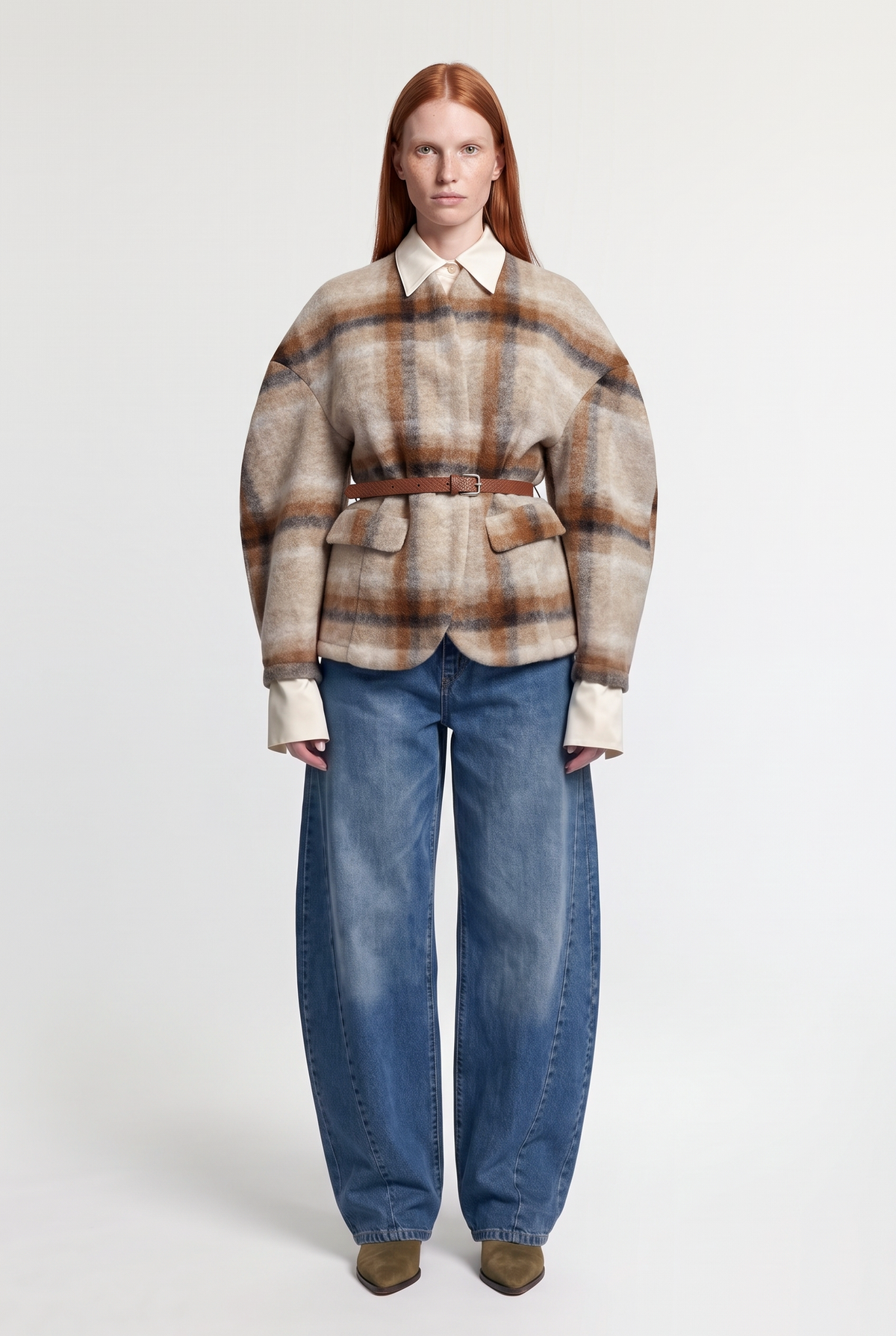 Plaid Tie-Front Jacket - Beige/Brown - front view