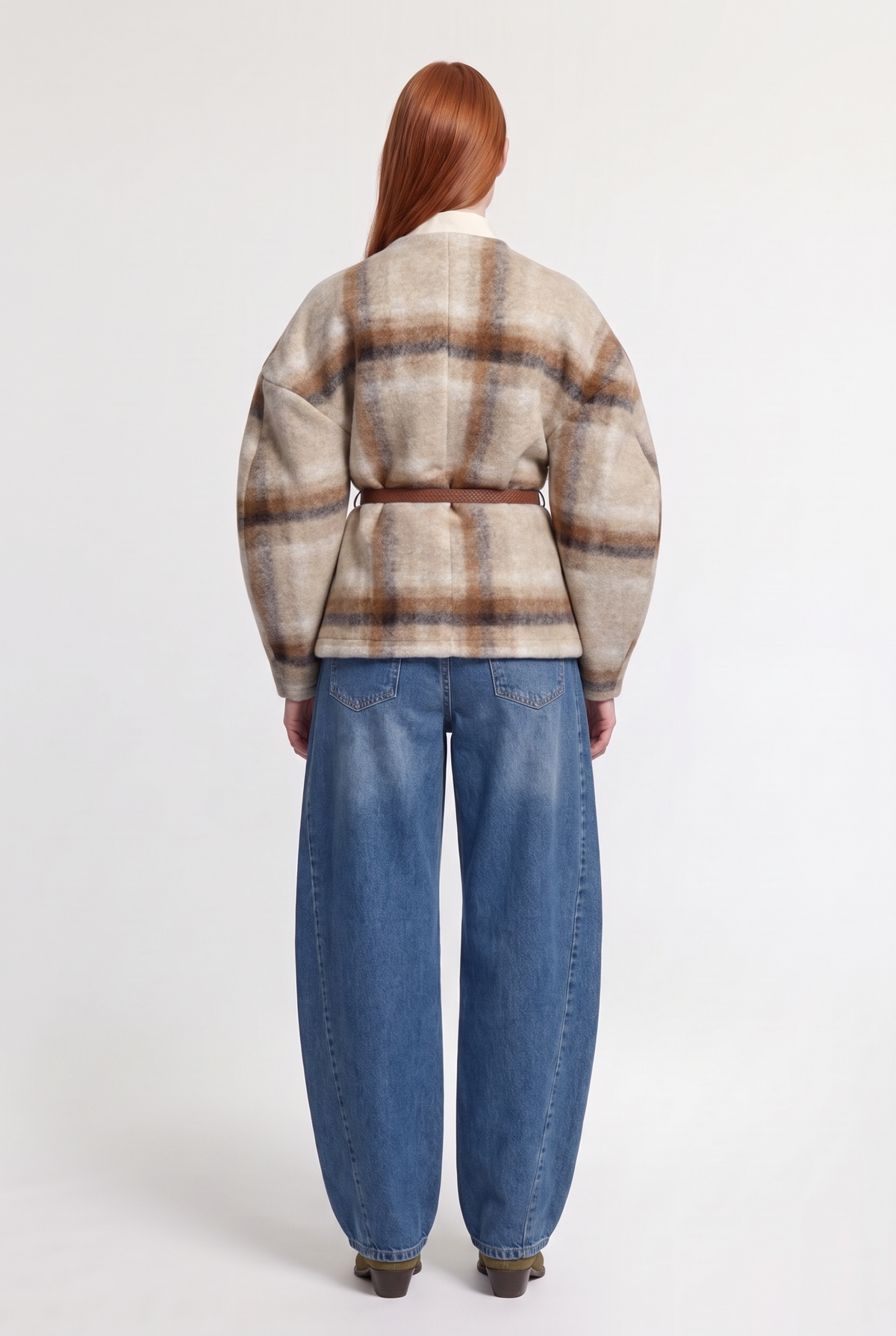 Plaid Tie-Front Jacket - Beige/Brown - back view
