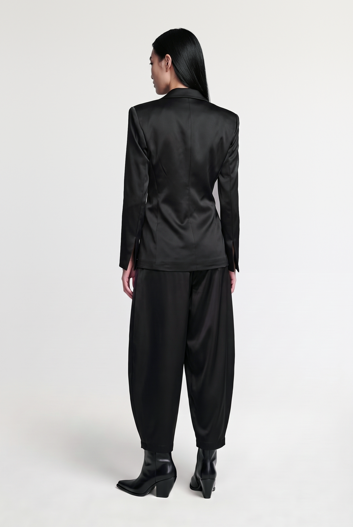Tie-Front Satin Blazer - Black - back view