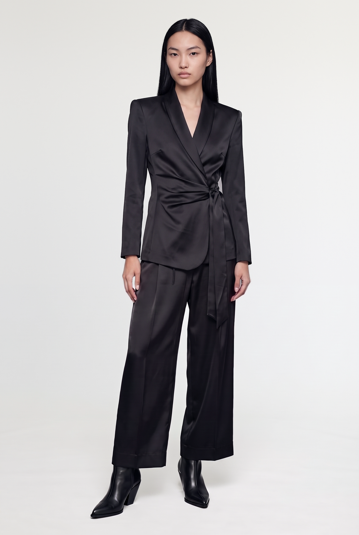 Tie-Front Satin Blazer - Black - front view