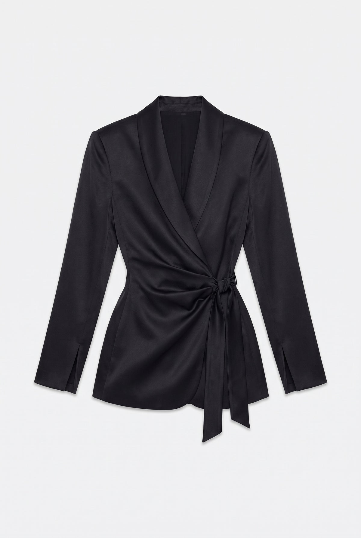 Tie-Front Satin Blazer - Black - flat lay