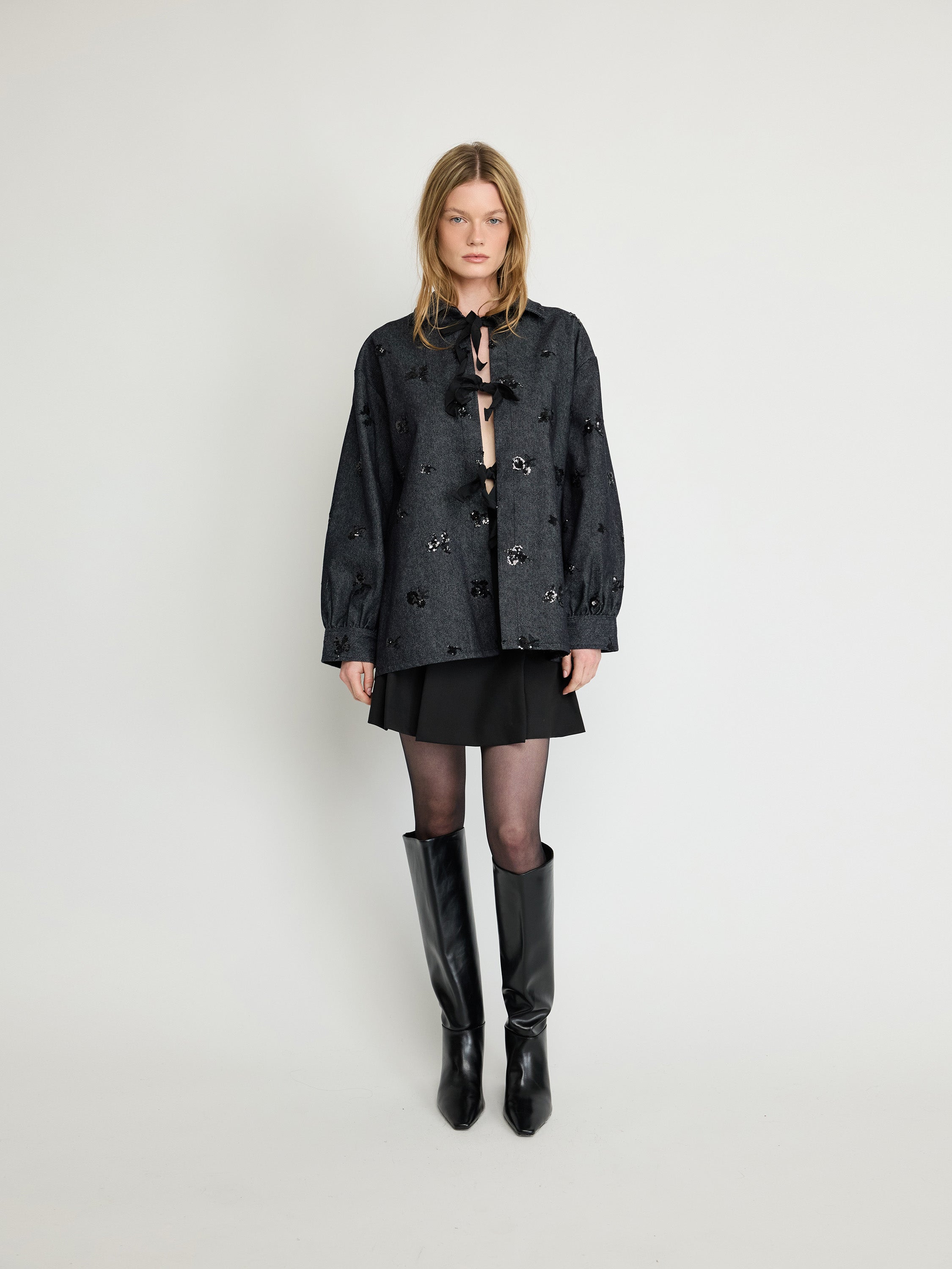 Embroidered Jacket with Bow Tie