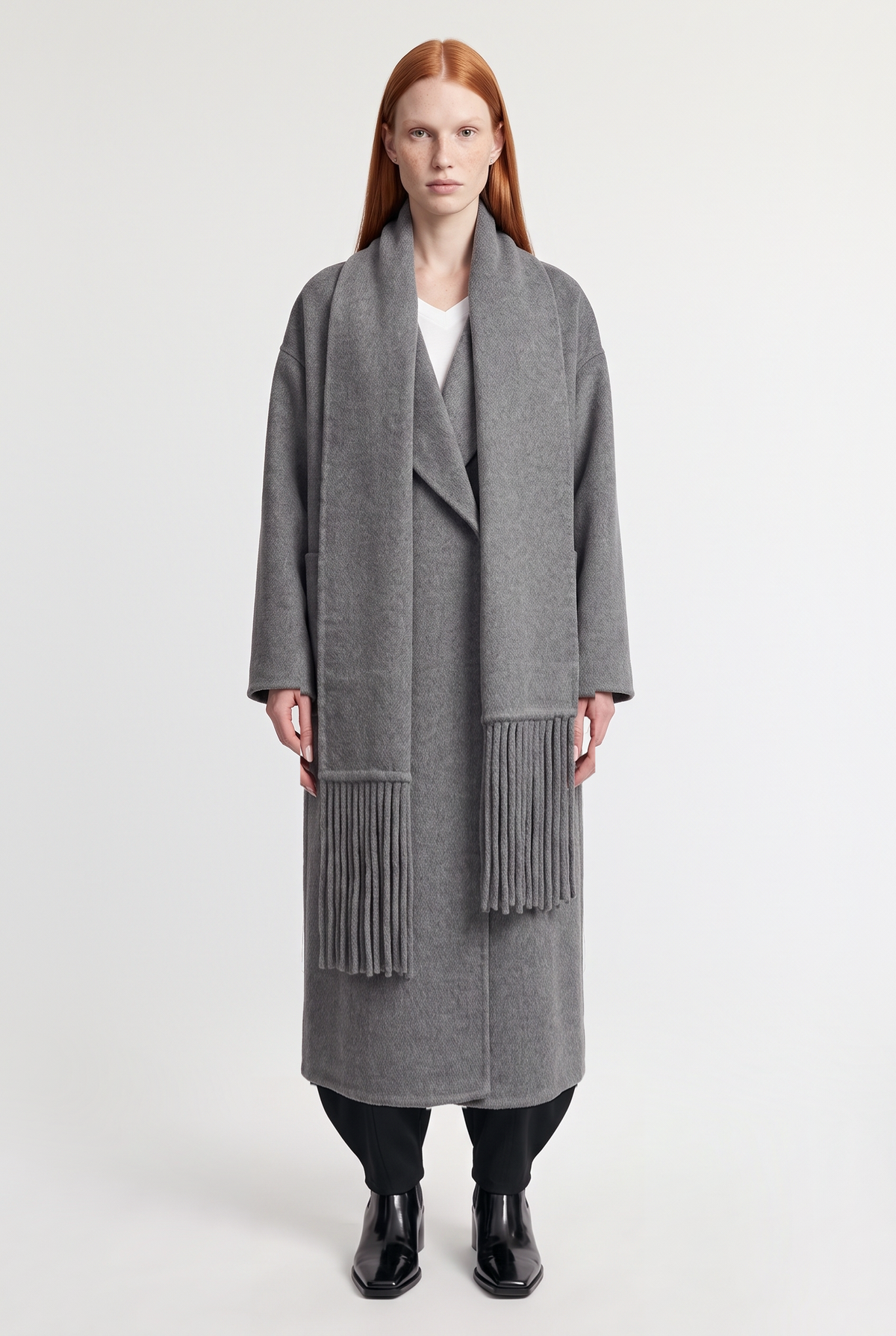 Scarf-Detailed Oversized Coat - Grey - front view
