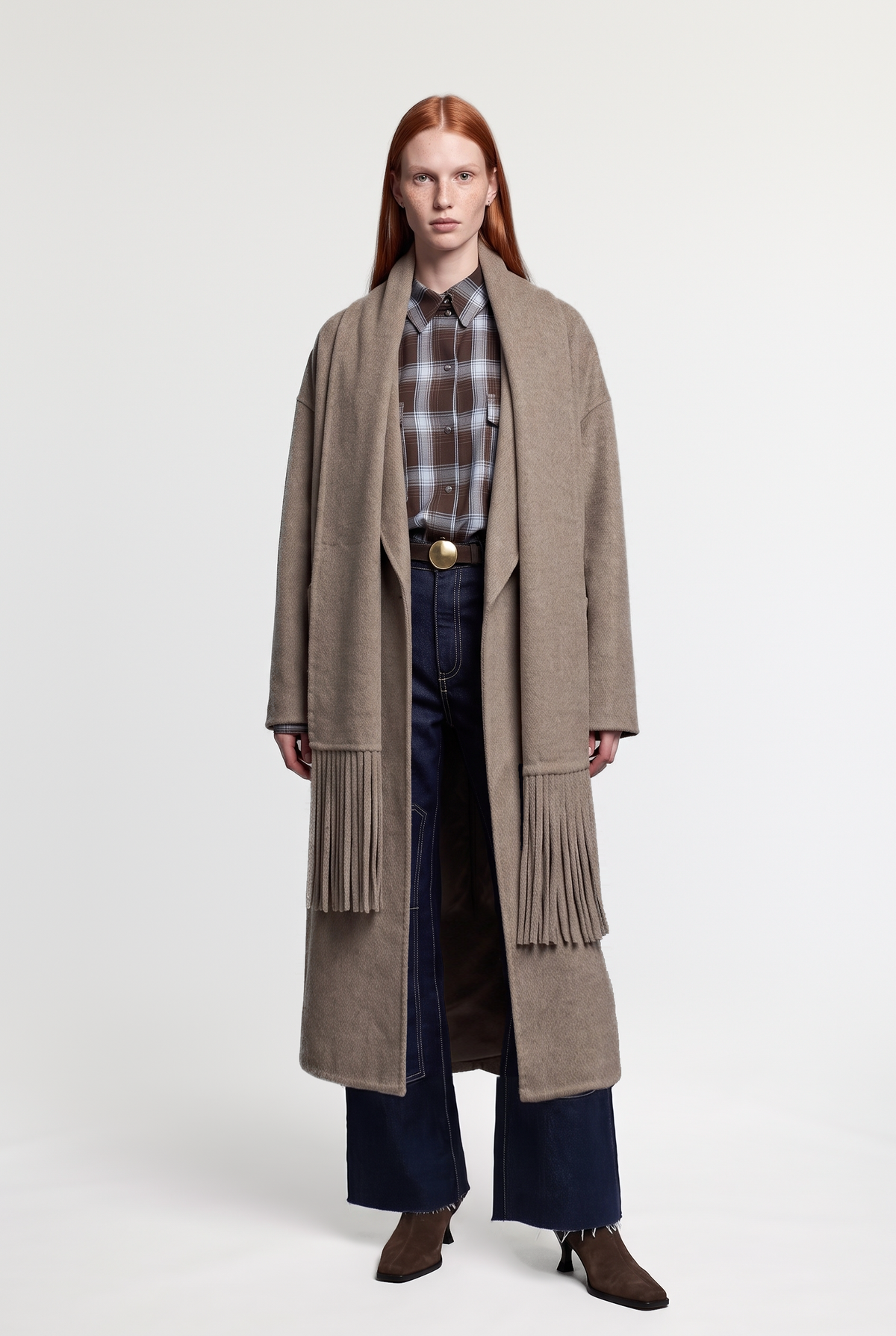 Scarf-Detailed Oversized Coat - Taupe - front view