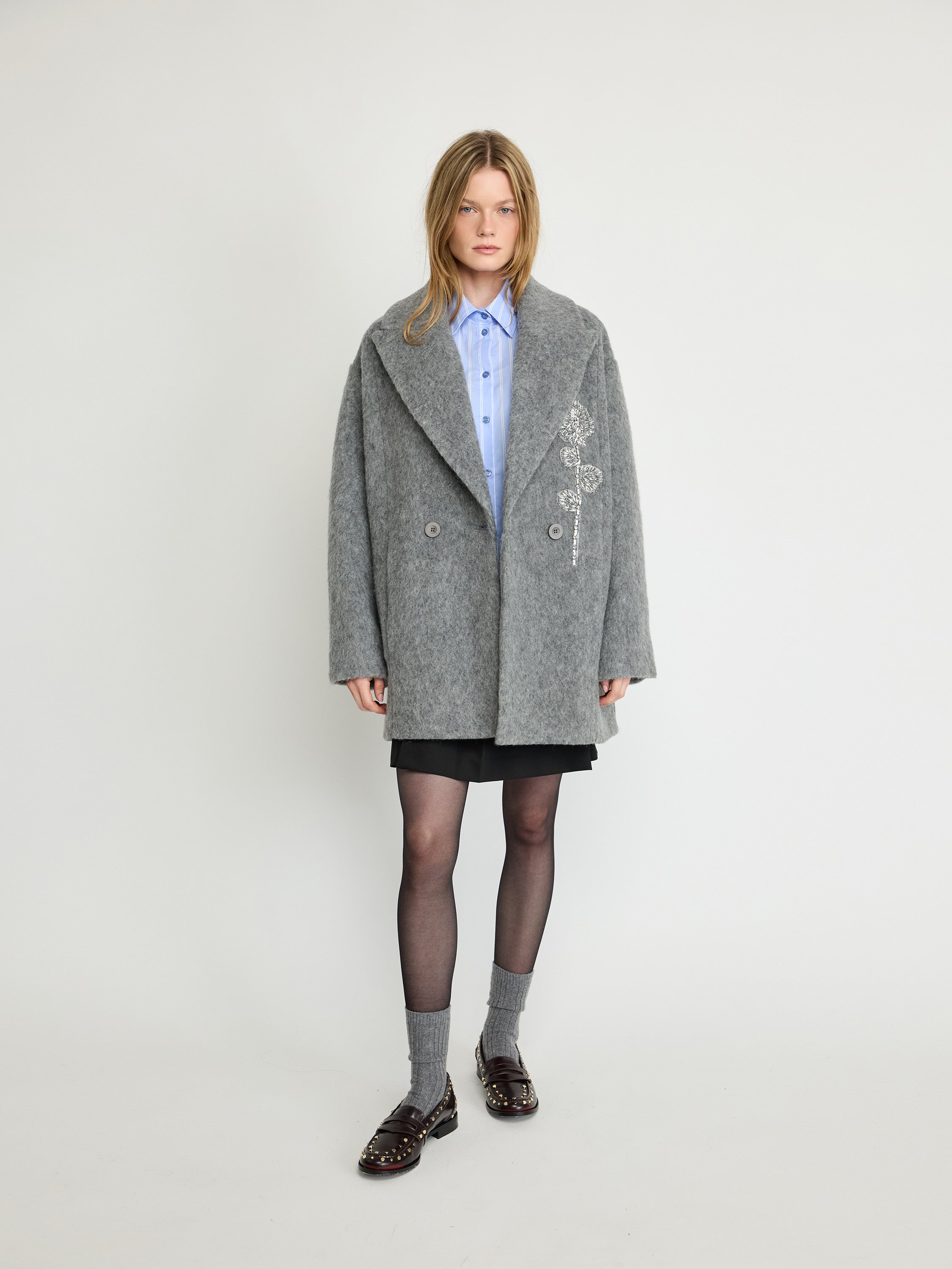 Embroidered Grey Wool Coat