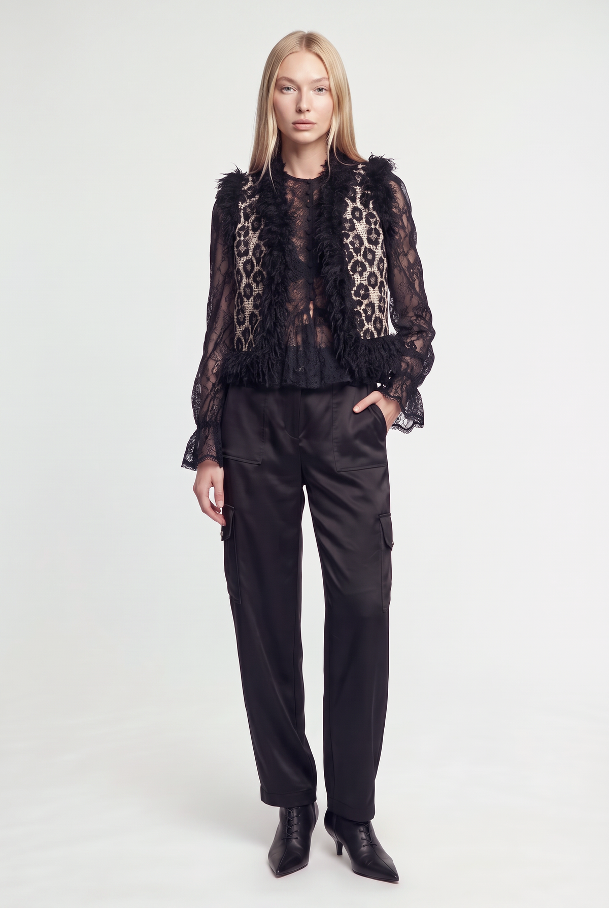 Leopard Jacquard Vest with Shaggy Faux-Fur Trim - Beige/Black - front view