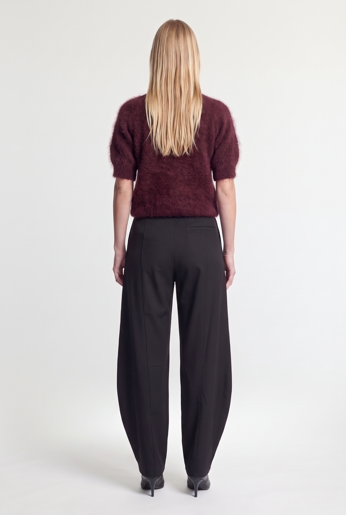Fluffy Mohair-Blend Short-Sleeve Cardigan - Burgundy - back view