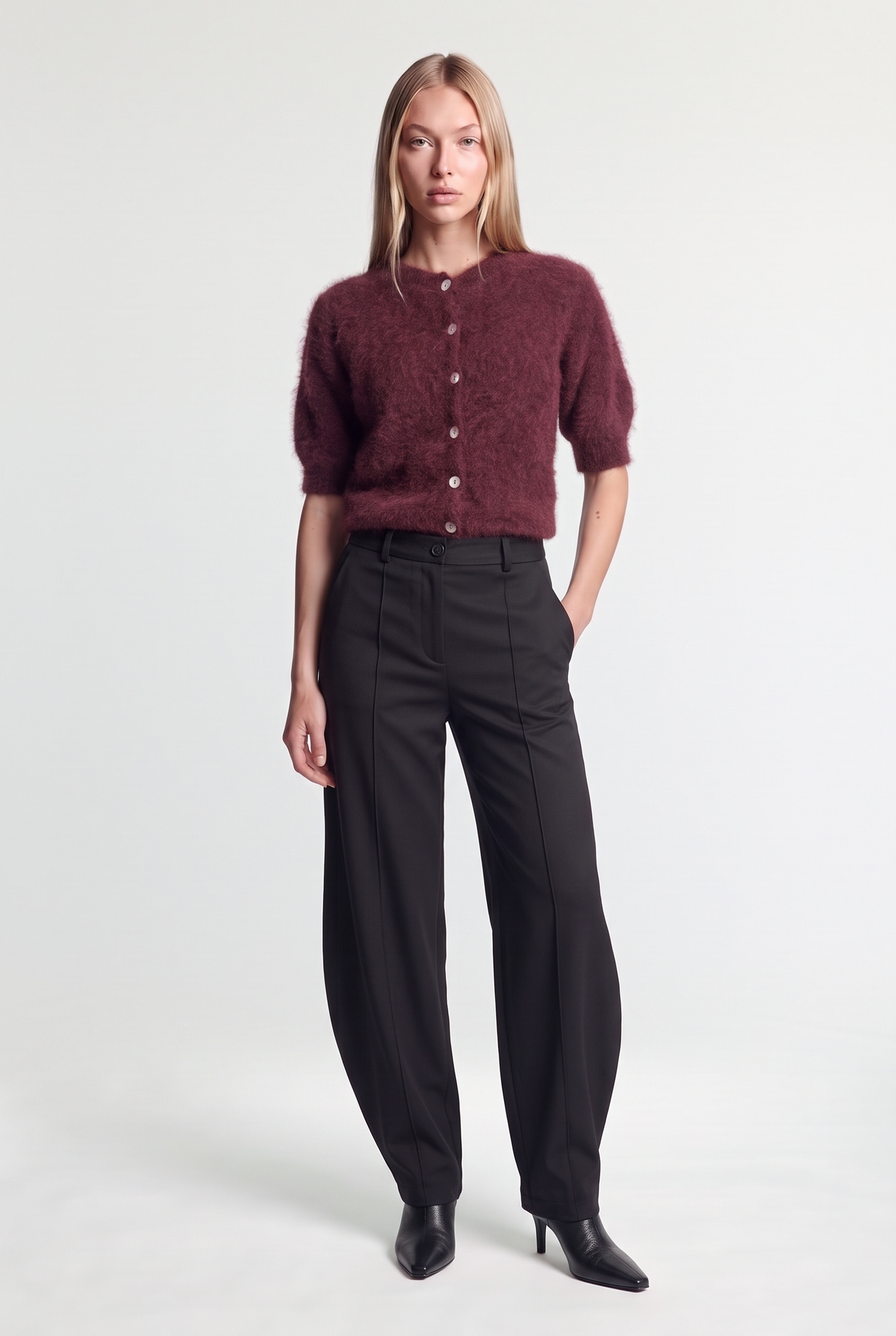 Fluffy Mohair-Blend Short-Sleeve Cardigan - Burgundy - front view, second pose