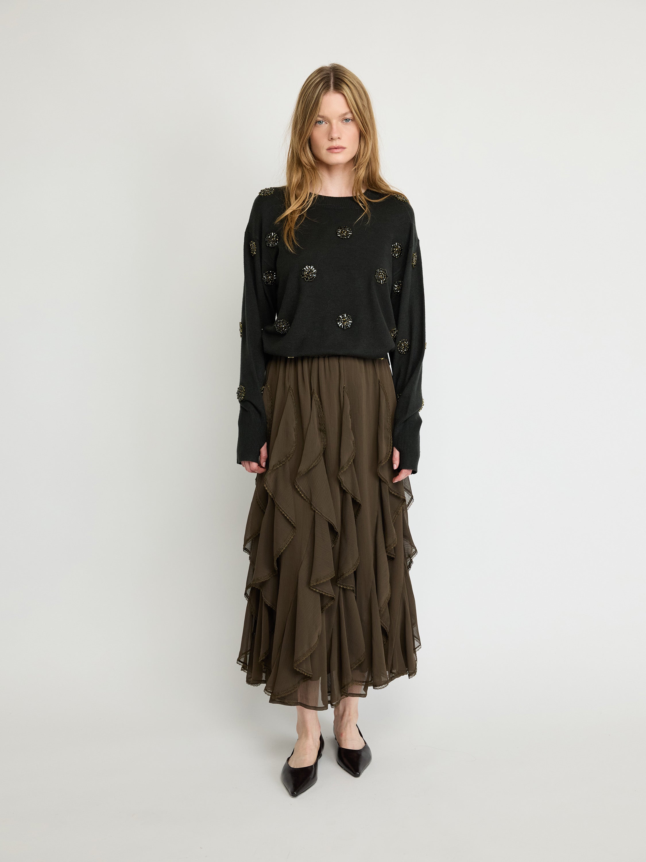 Layered Ruffle Midi Skirt