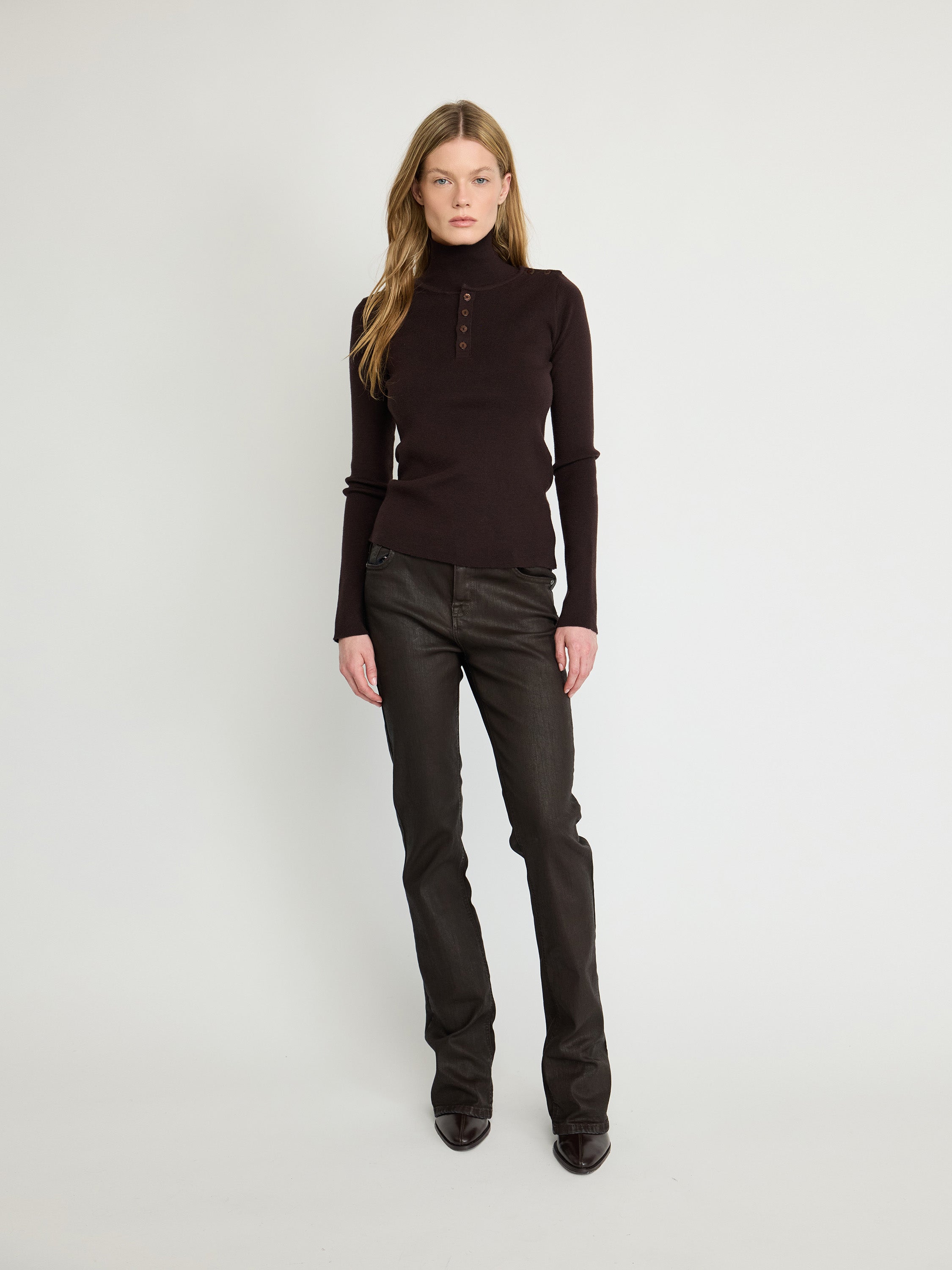 Buttoned Rib-Knit Mock Neck Top