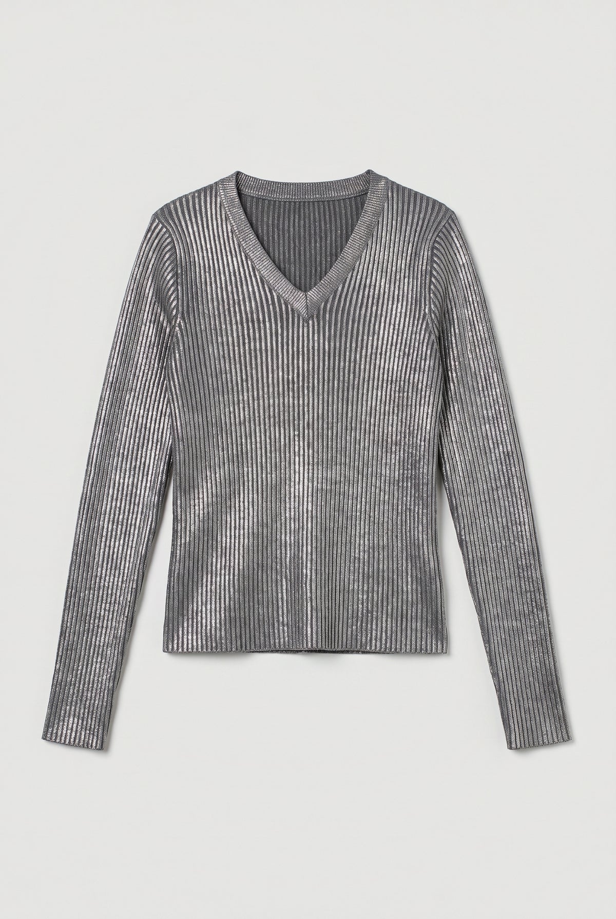 Metallic Ribbed V-Neck Sweater - Grey - flat lay