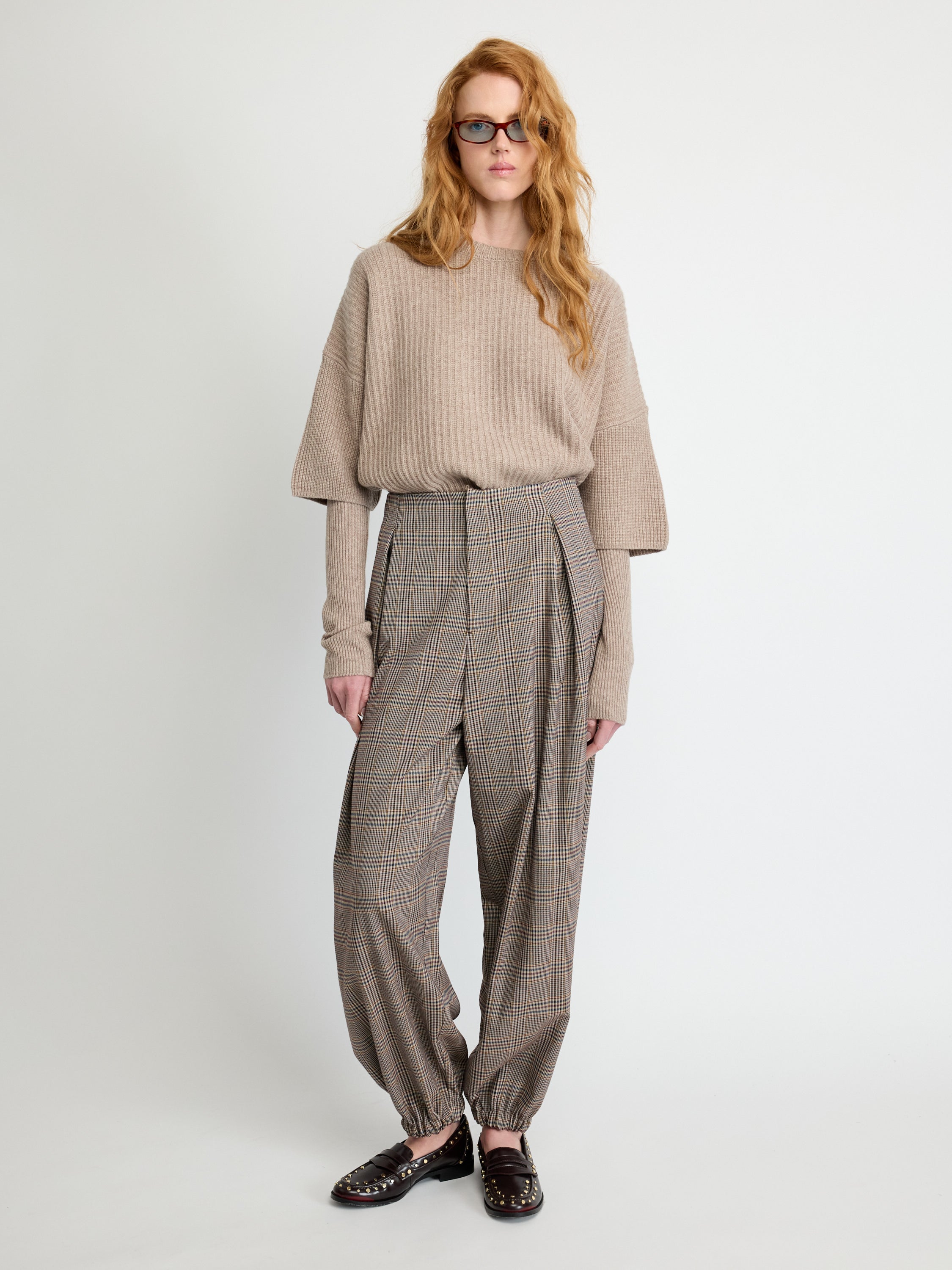 Checked Elastic Hem Trousers