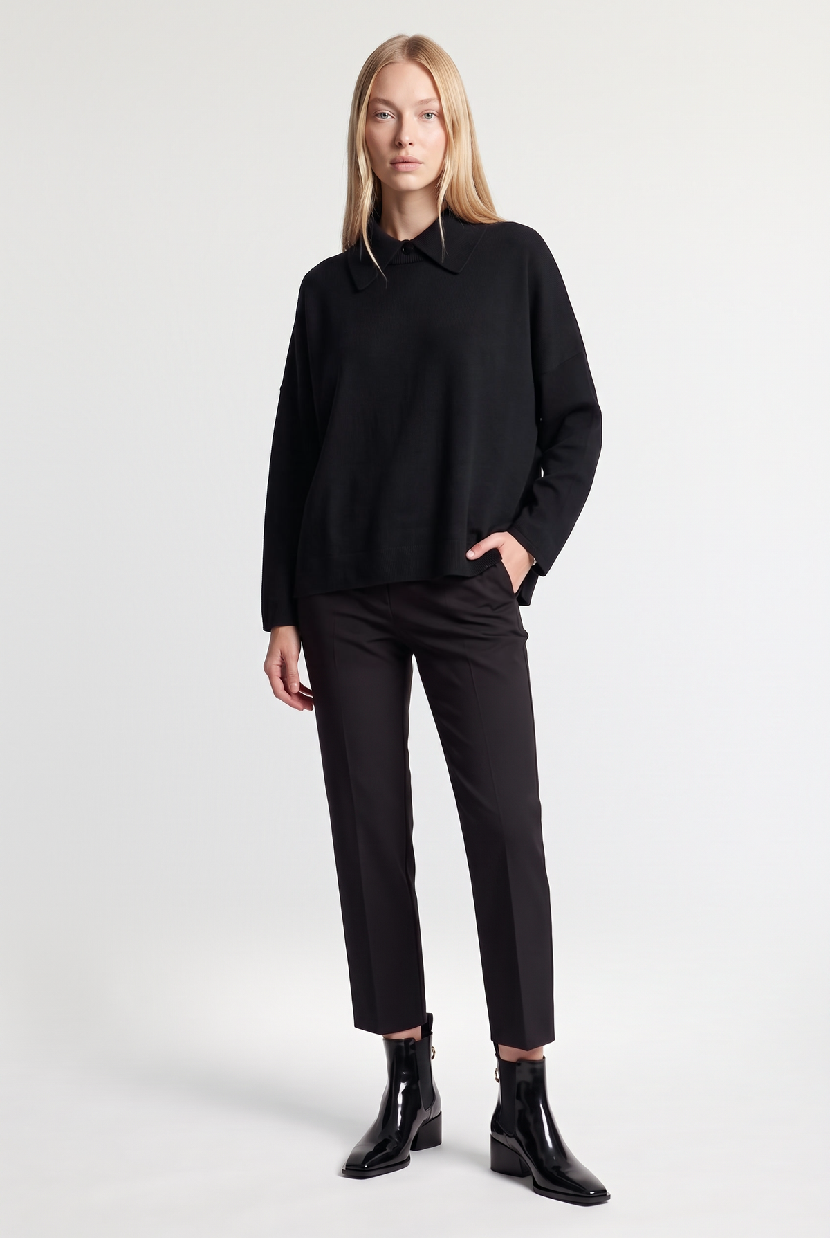 Black polo-collar sweater - Black - front view