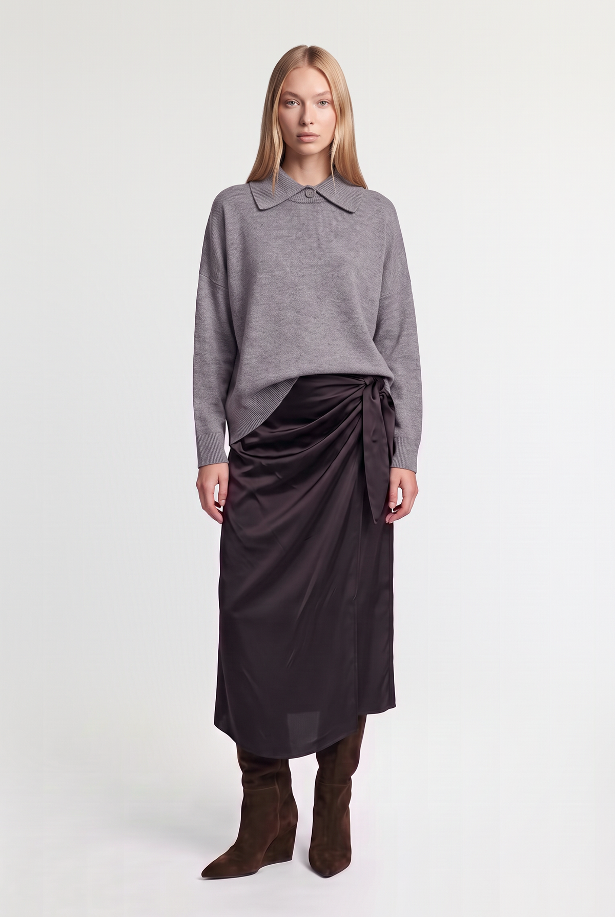 Grey polo-collar sweater - Grey - front view