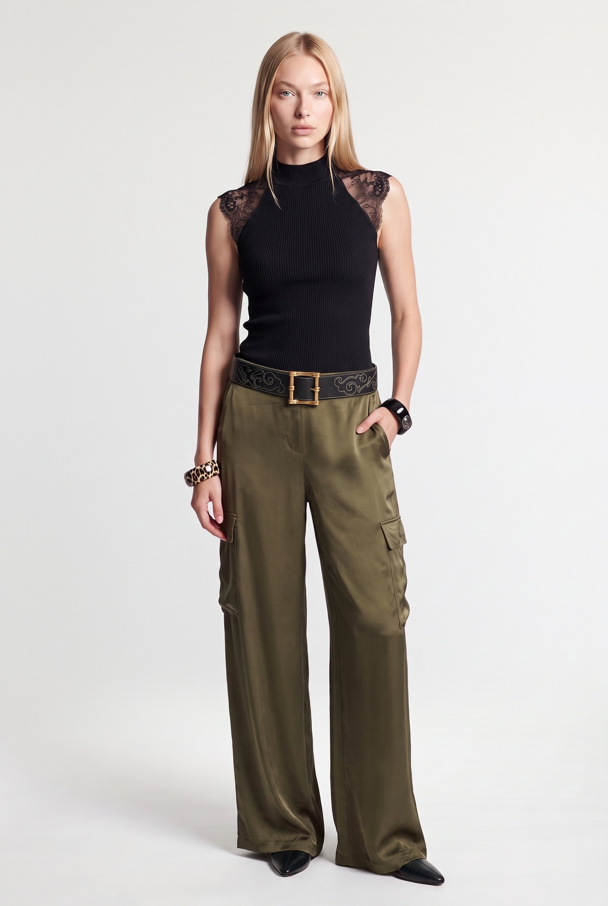 Cargo Wide-Leg Pants - Army - front view