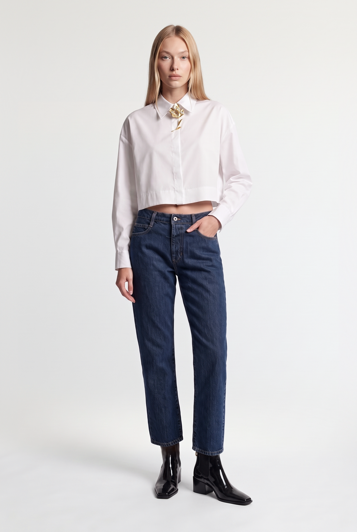 Mid-Rise Straight-Leg Jeans - Blue Denim - styled look, front view