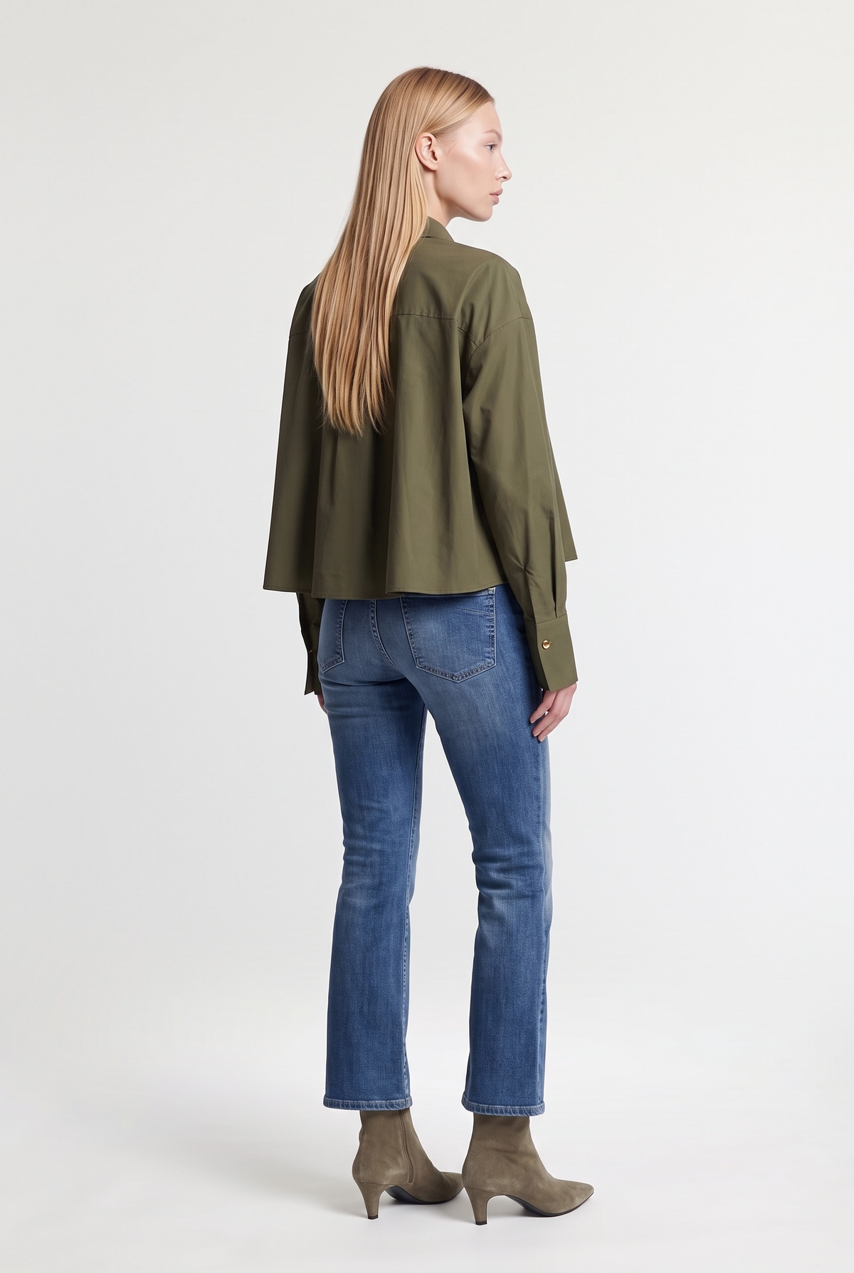 Flared Washed Denim Jeans - Blue Denim - styled look, back view
