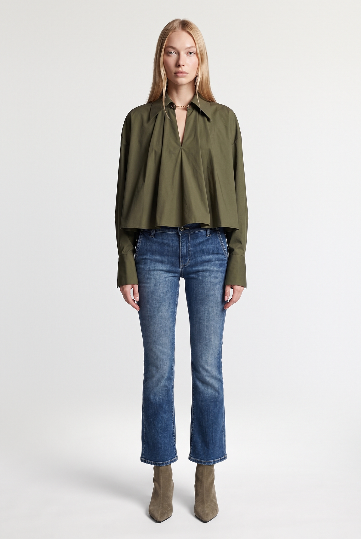 Flared Washed Denim Jeans - Blue Denim - styled look, front view