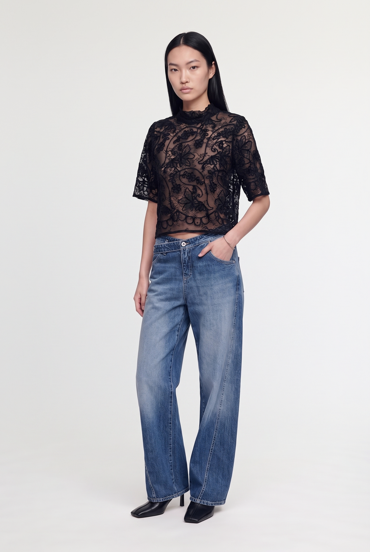 Asymmetric Waist Wide-Leg Pants - Blue Denim - styled look, front view