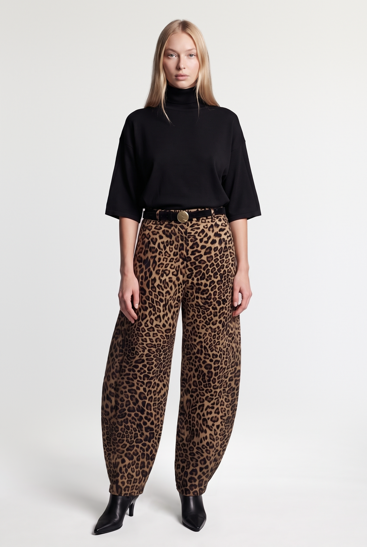 Leopard-Print Barrel-Leg Pants - Leopard - front view