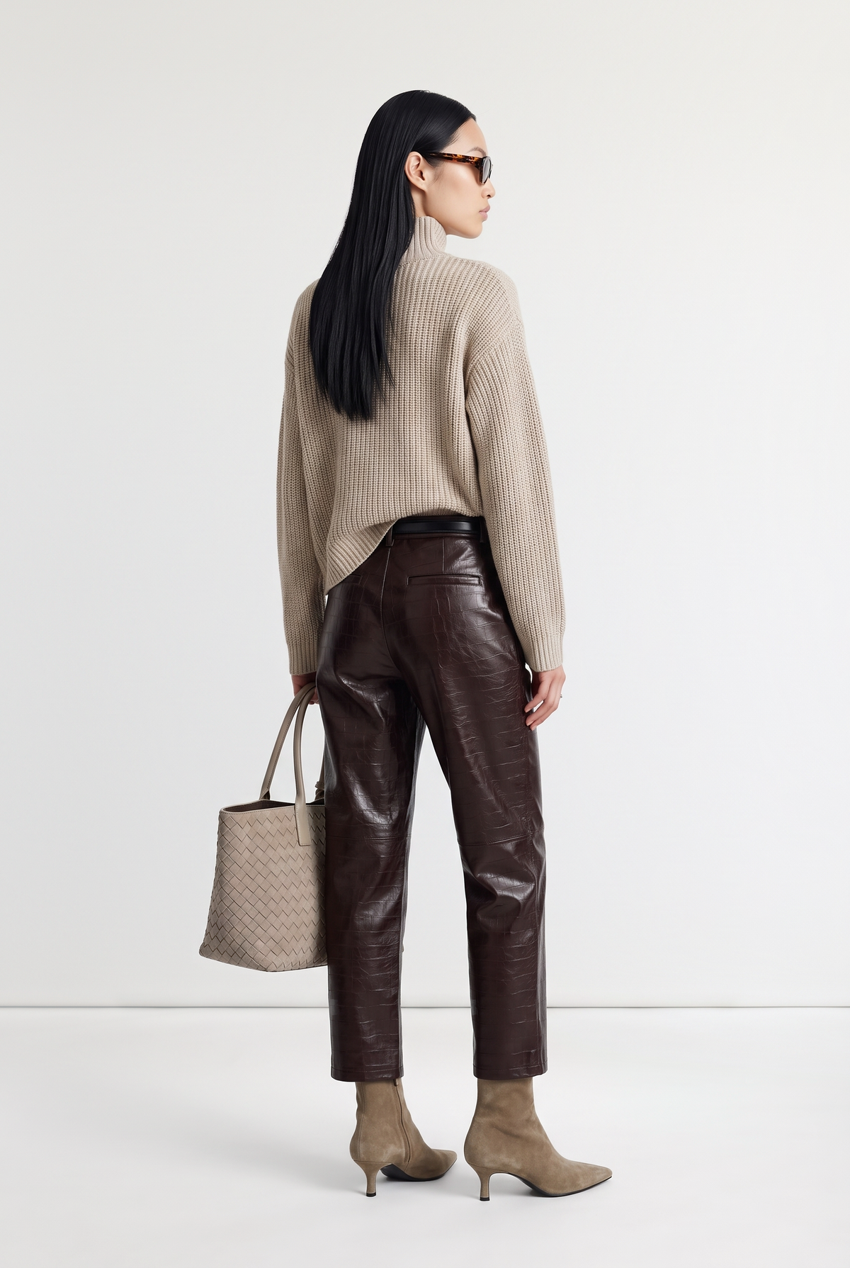 Croc-Effect Leather Trousers - Dark Brown - styled look, back view