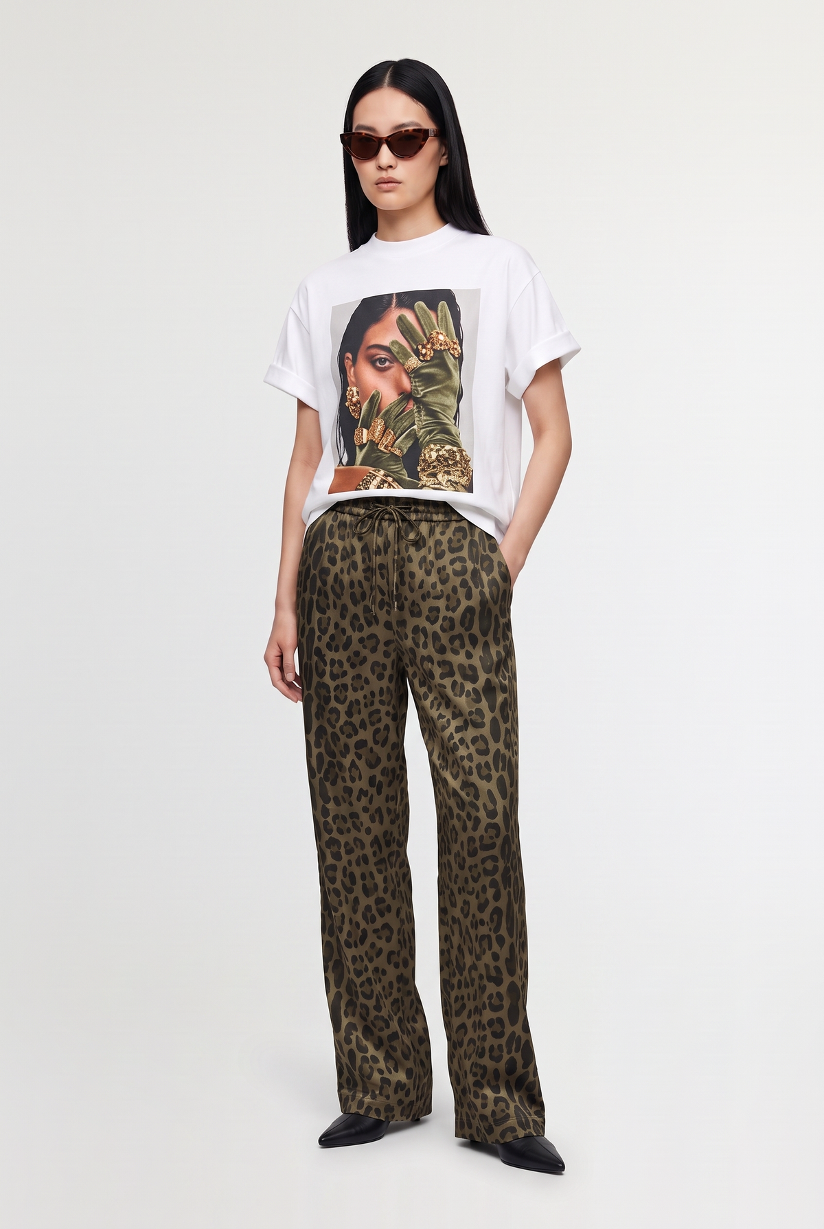 Leopard Print Drawstring Trousers - Leopard - front view