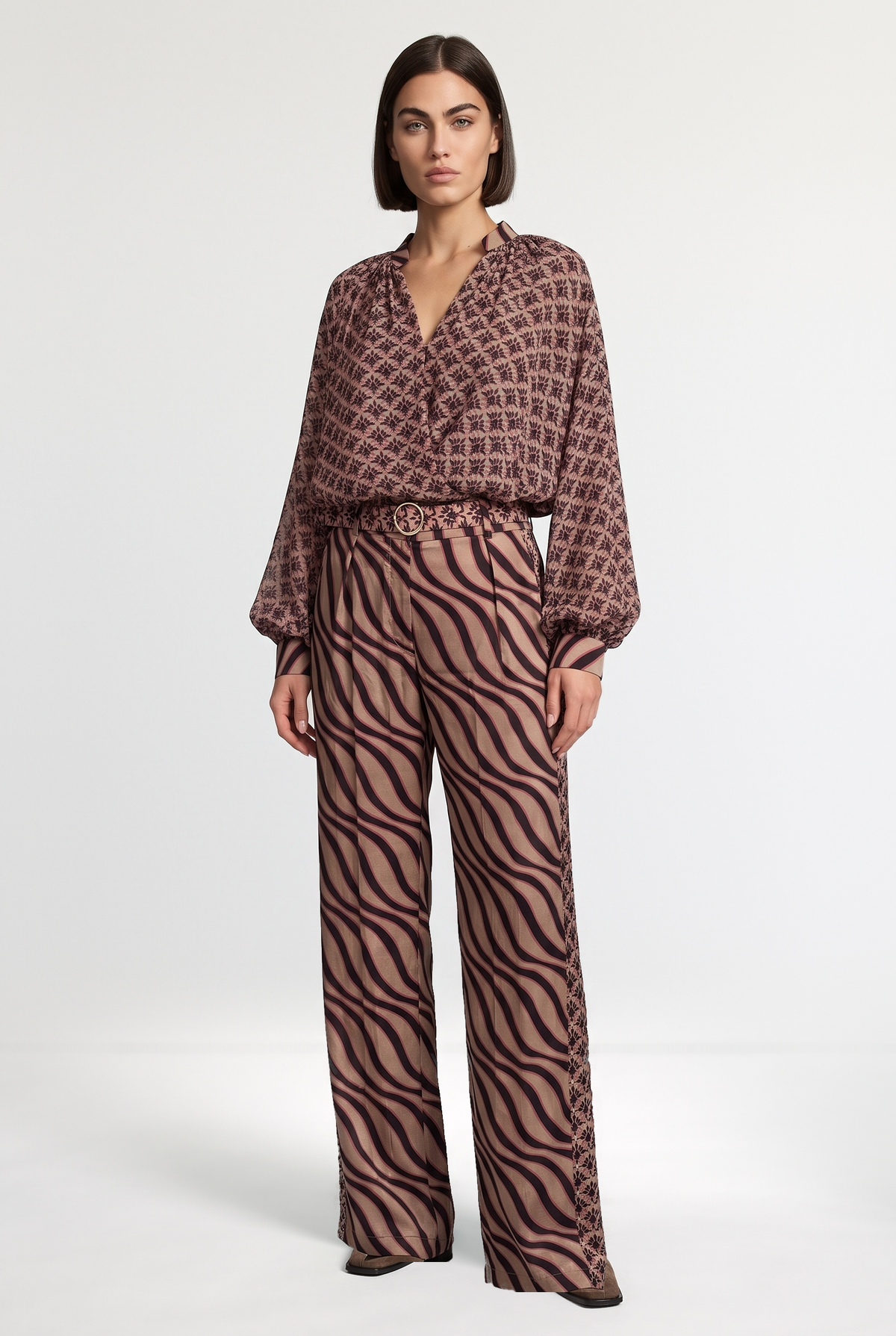 Mixed-Print Belted Pants - Beige/Pink - front view