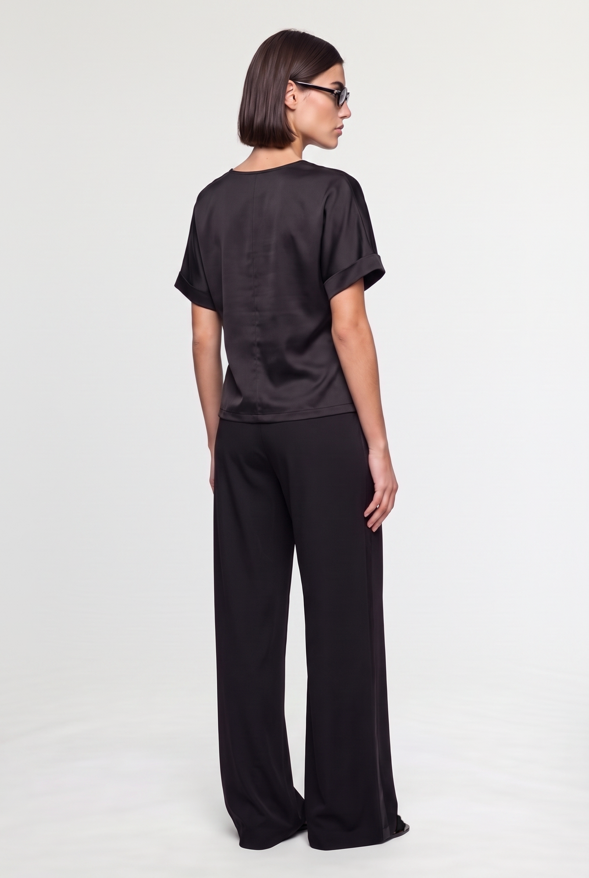 Wide-Leg Satin-Effect Pants - Black - styled look, back view