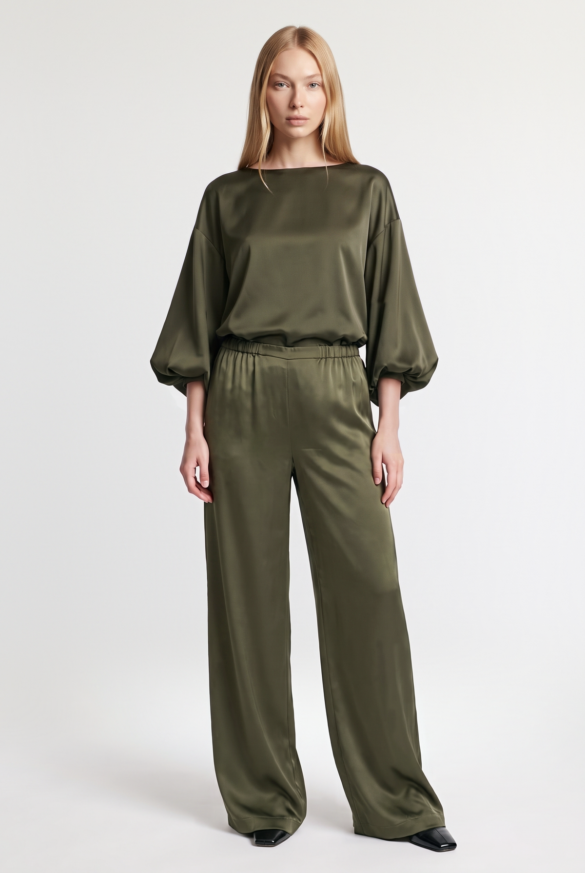 Satin Wide-Leg Pants - Military - front view
