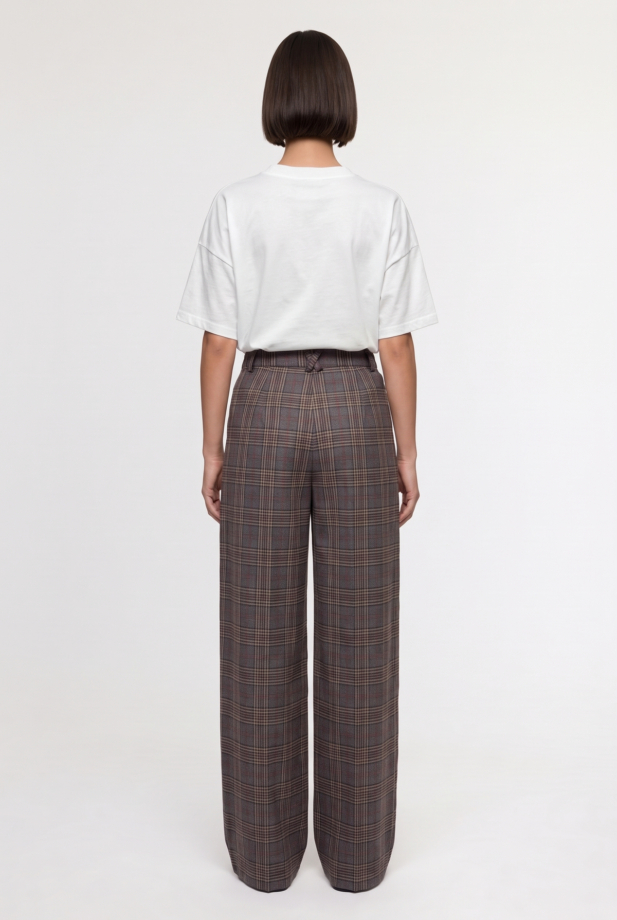 Plaid Pleated Wide-Leg Pants - Grey/Camel - back view