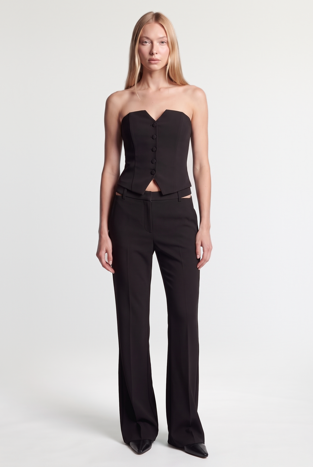 Open-Side Detail Tailored Trousers - Black - styled look, front view